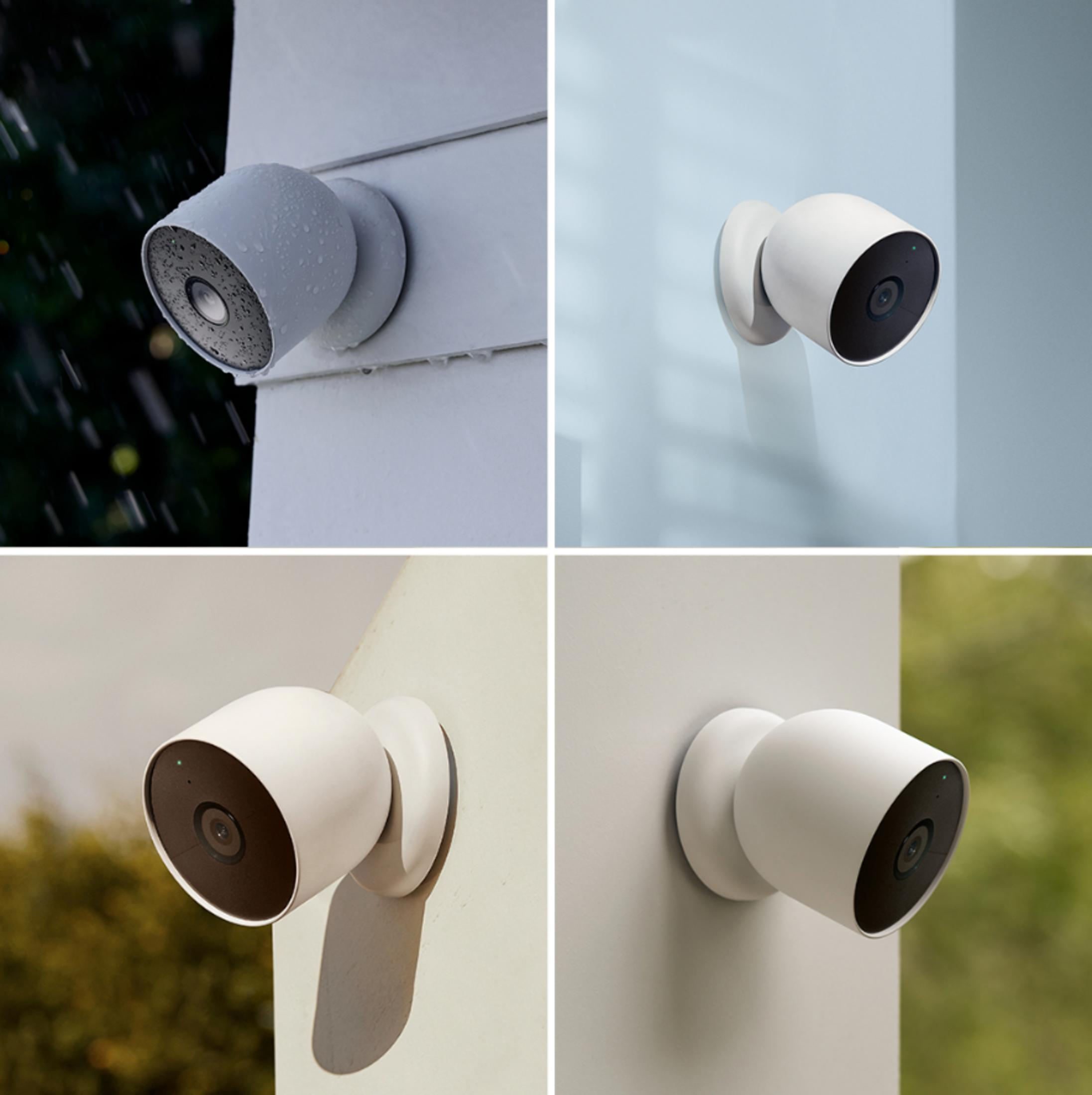 Cztery białe kamery bezpieczeństwa zamontowane na różnych powierzchniach. Ujęcia zewnętrzne i wewnętrzne.