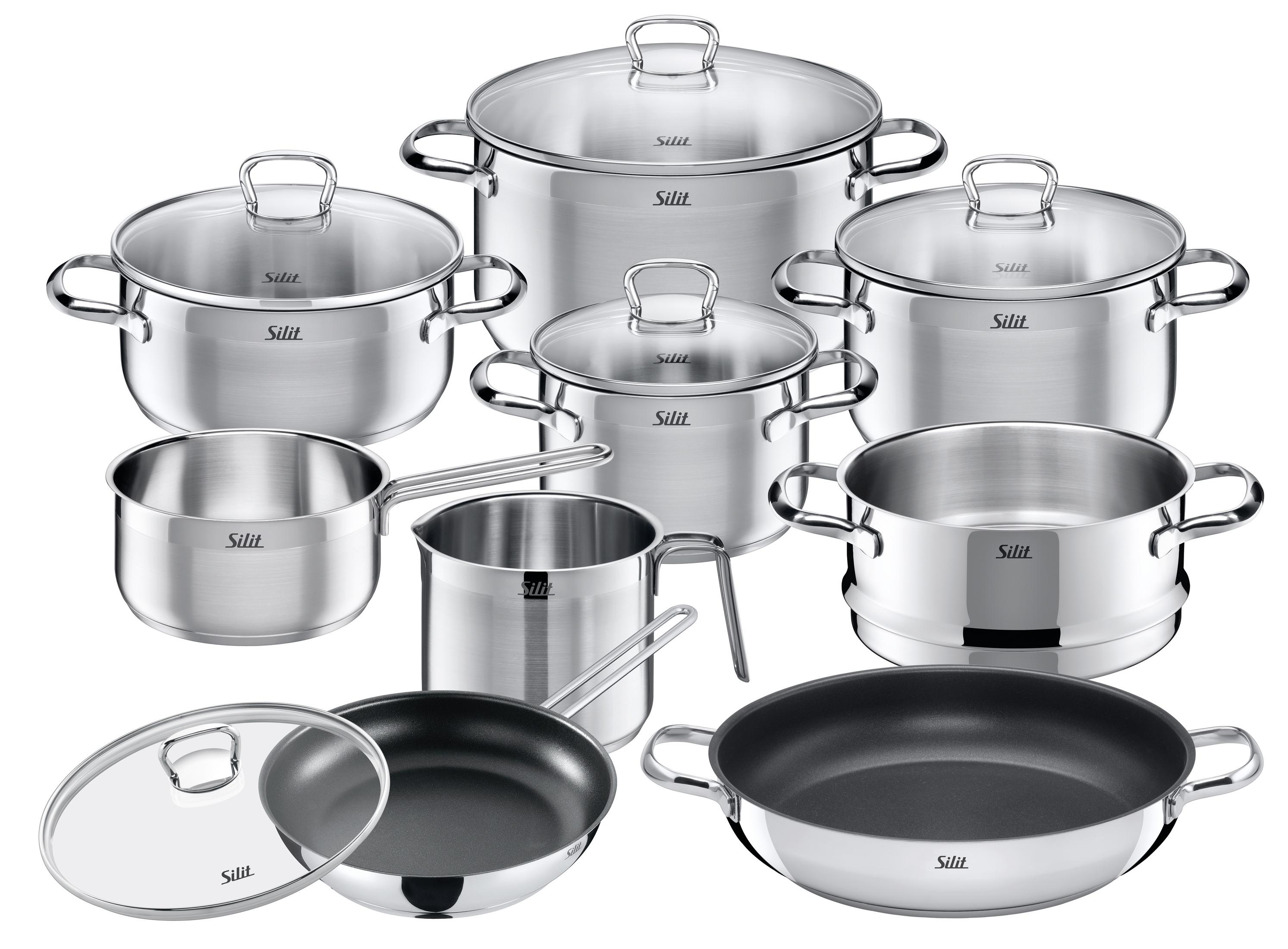 Set aus Edelstahl Töpfen und Pfannen mit Glasdeckeln.