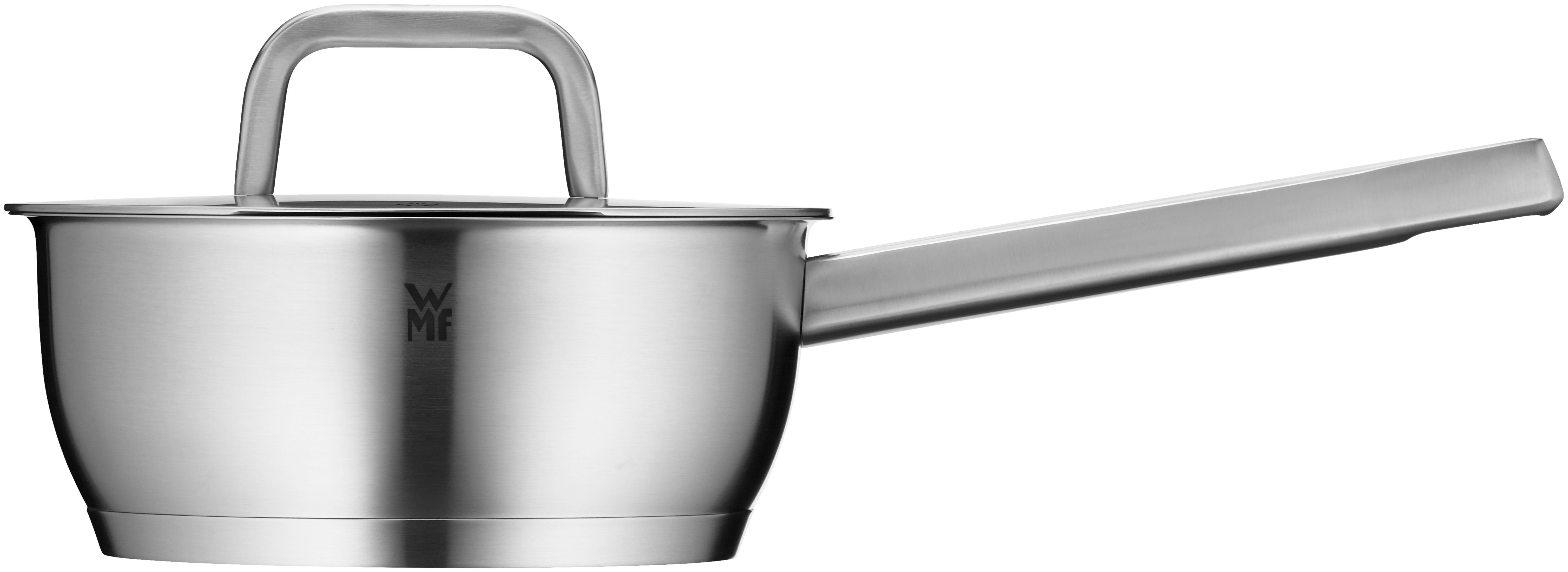 Silberner Kochtopf mit Deckel und Griff, Seitenansicht.