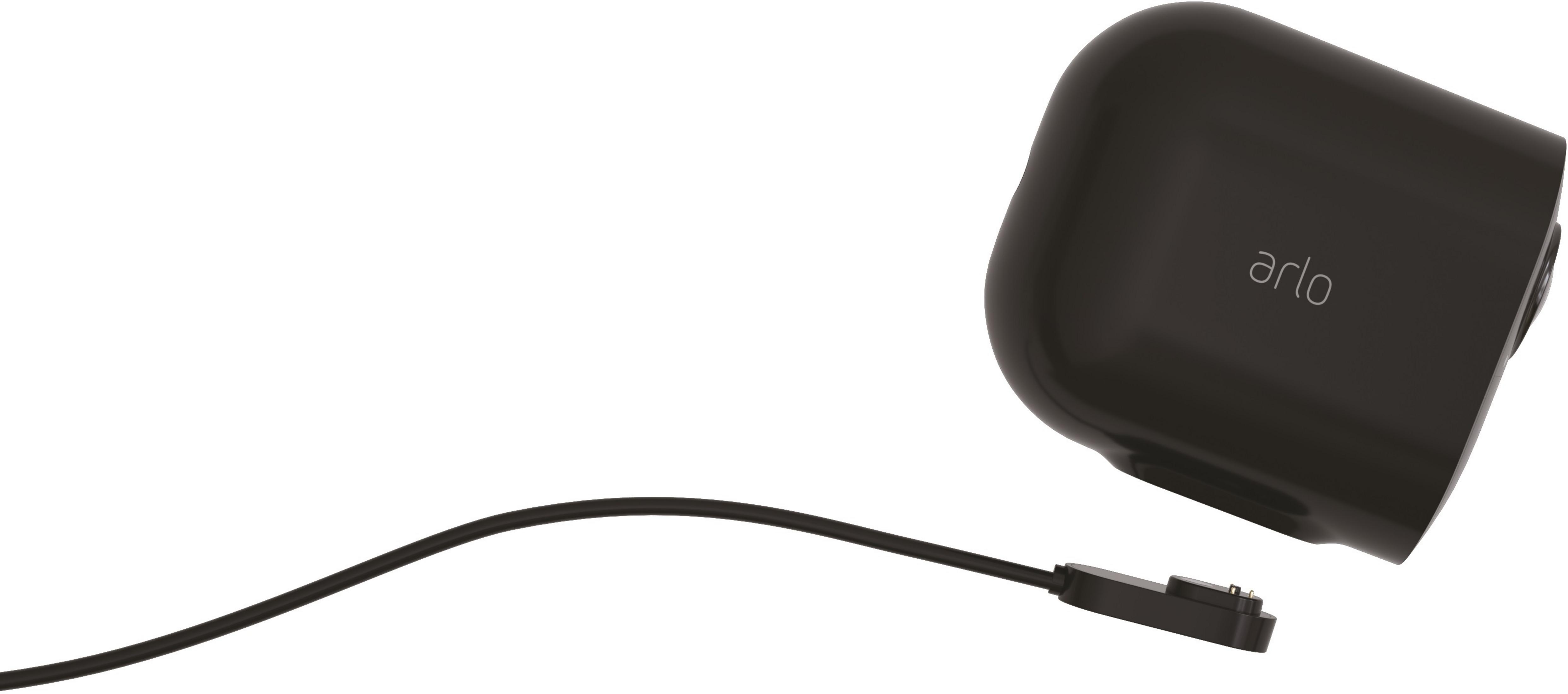 Eine schwarze Arlo-Kamera und ein schwarzes Kabel mit Stecker.
