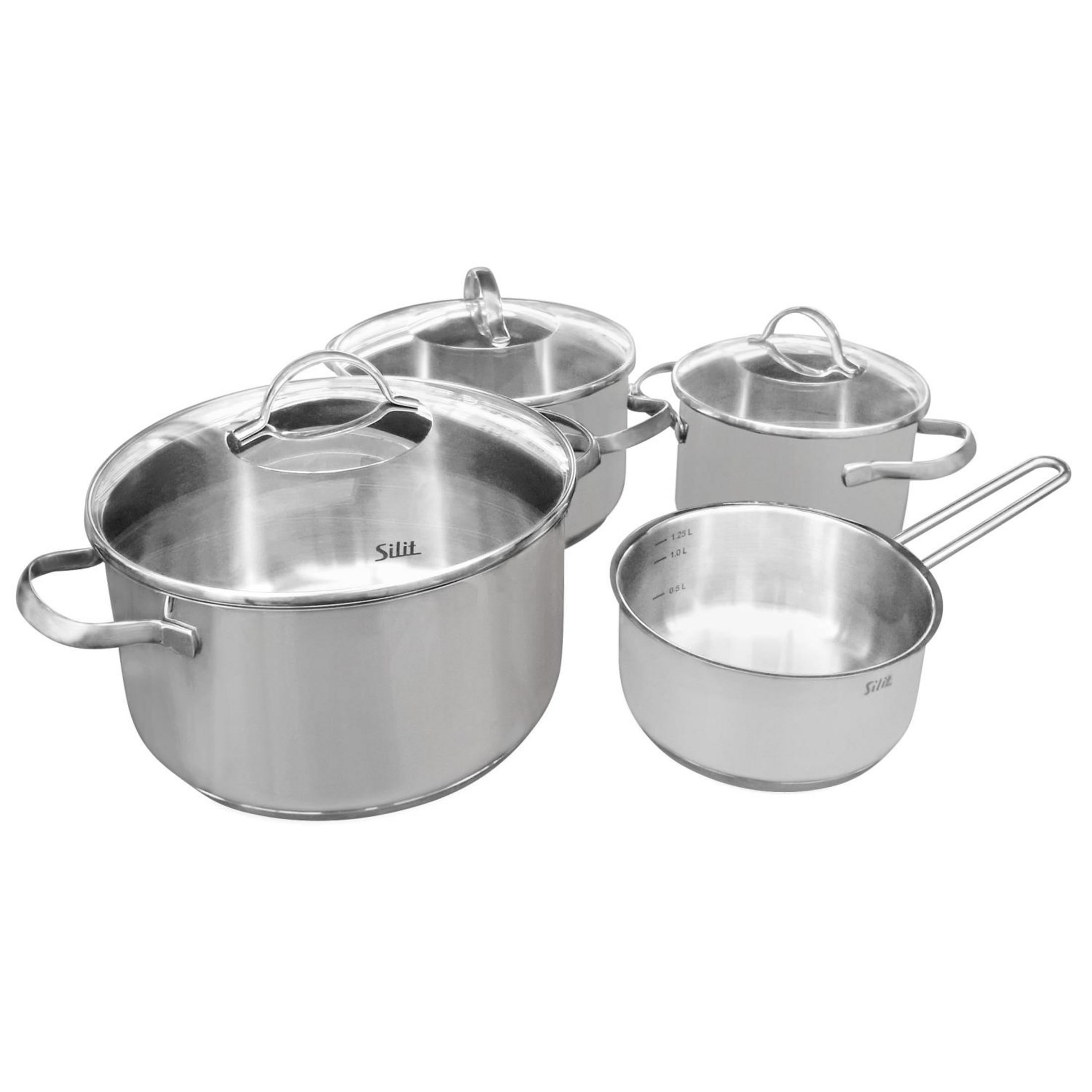 Set aus Edelstahl-Töpfen und -Pfannen mit Glasdeckeln. Eine kleine Pfanne mit Griff.