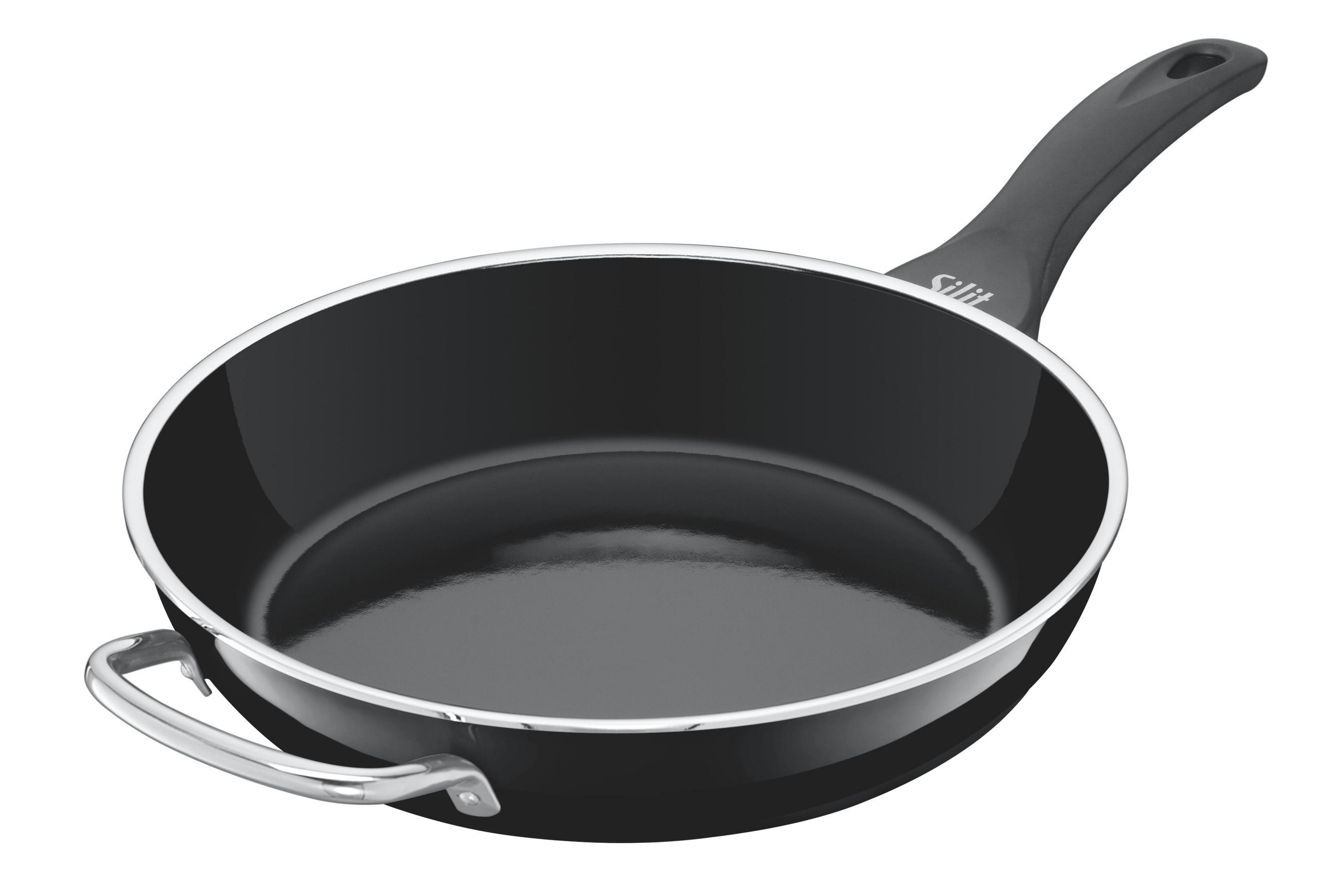 Eine schwarze Bratpfanne mit silbernem Rand und Griff. Die Pfanne ist glänzend und reflektierend, mit schwarzem Innenraum.