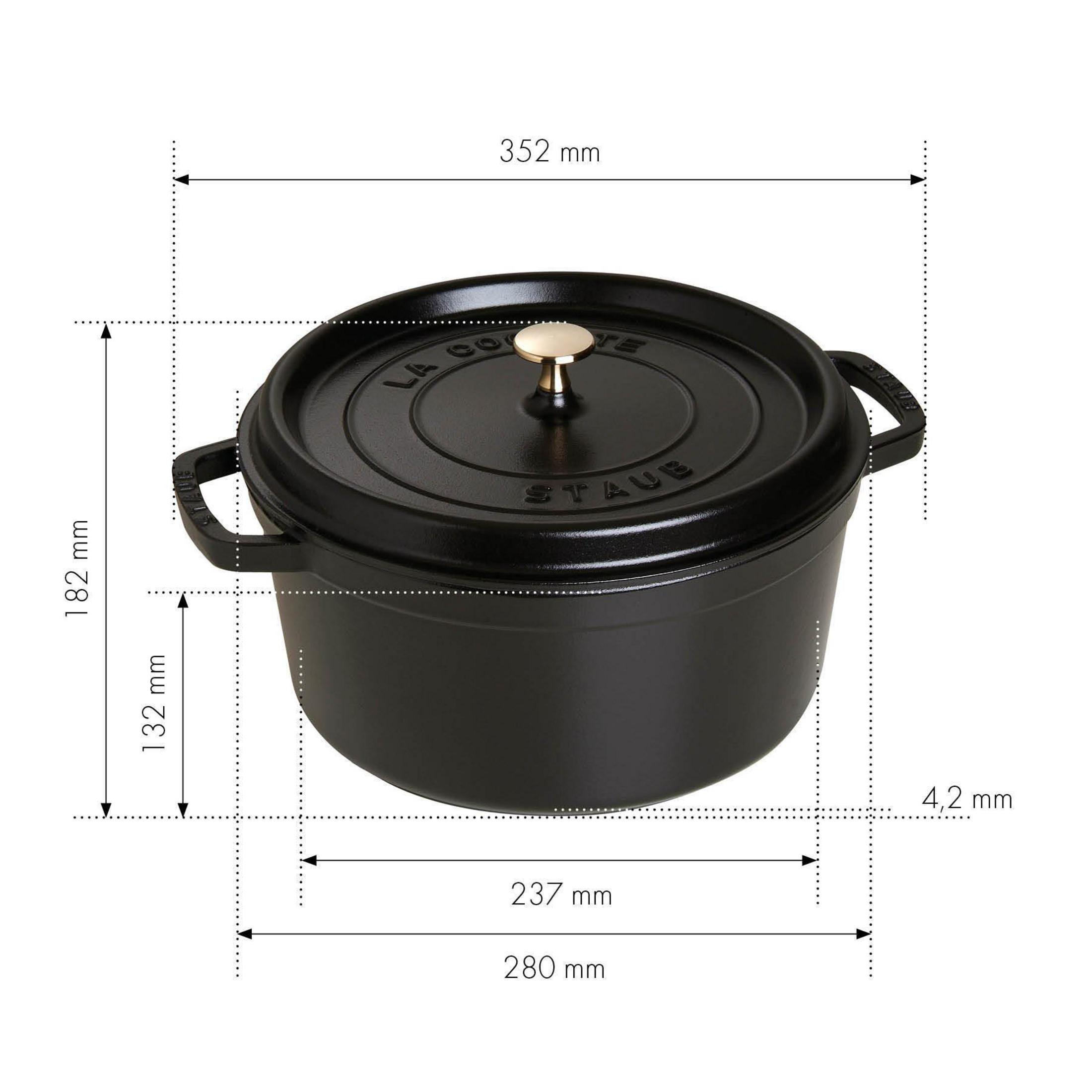 Casserole en fonte noire avec couvercle. Les mesures sont indiquées : 280x237x182x132mm.