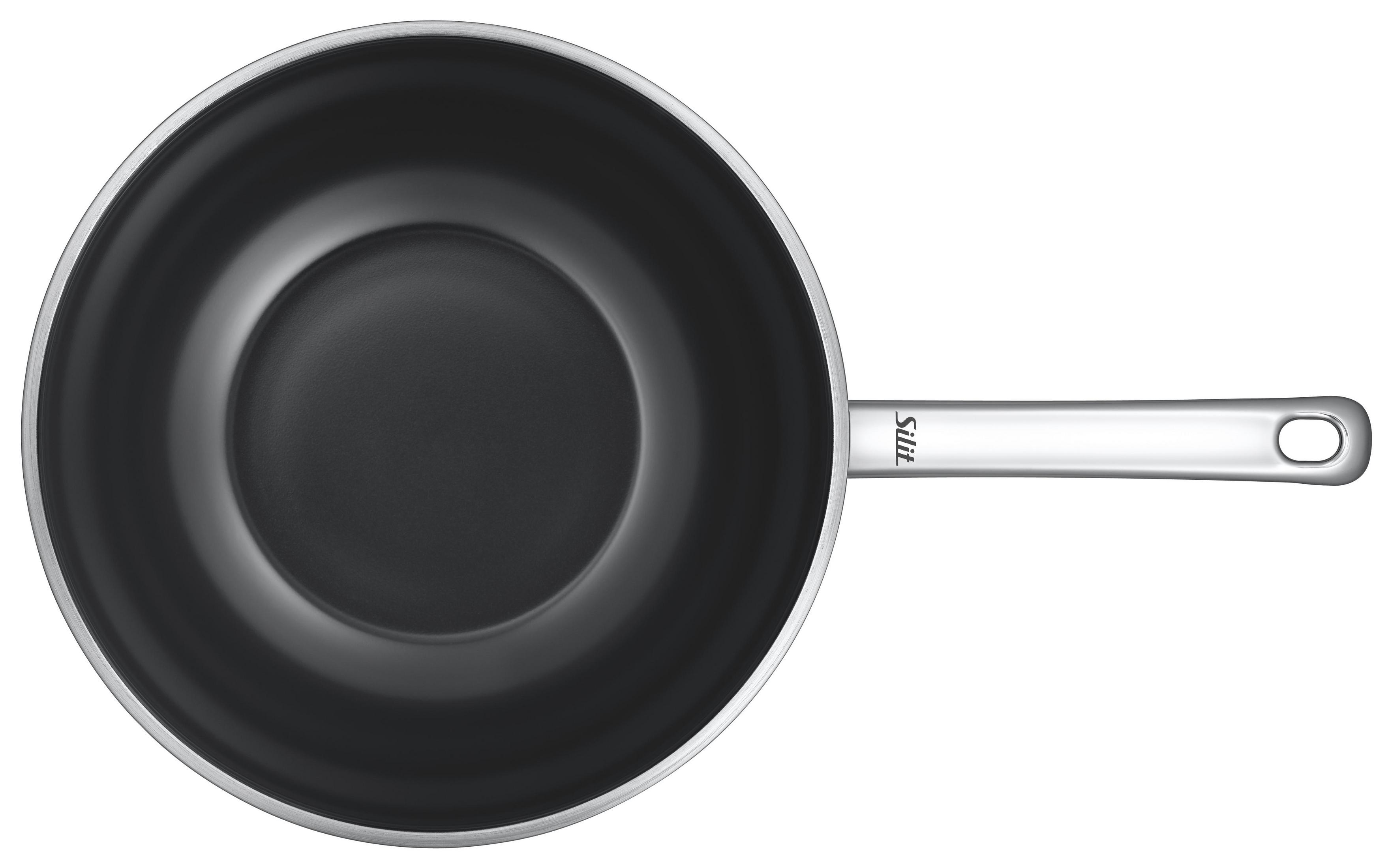 Eine schwarze Wok-Pfanne mit langem Griff. Der Innenraum ist dunkelgrau. Draufsicht.
