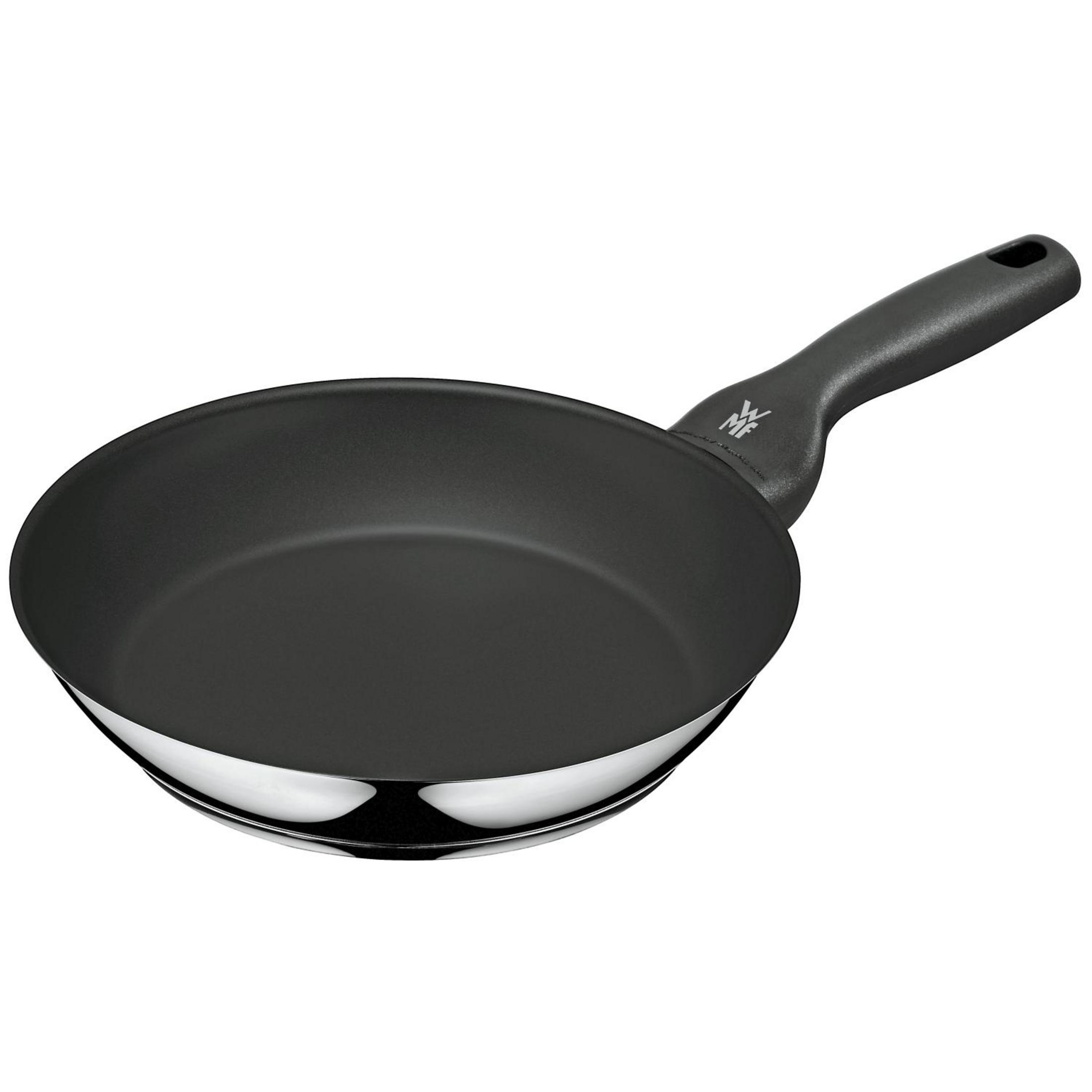 Eine schwarze Bratpfanne mit Edelstahlrand und schwarzem Griff.