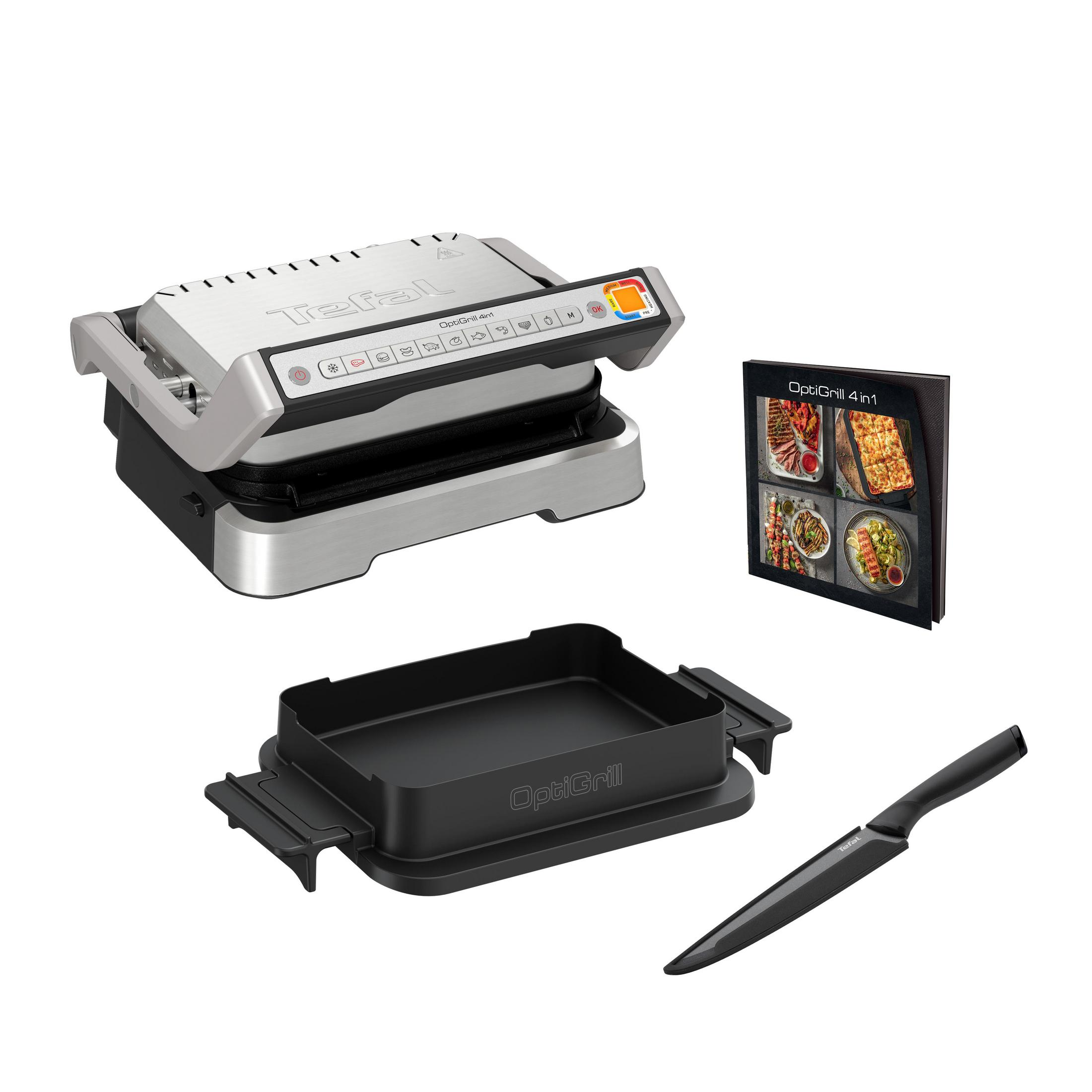Tefal OptiGrill, Zubehör und ein Messer auf weißem Hintergrund.