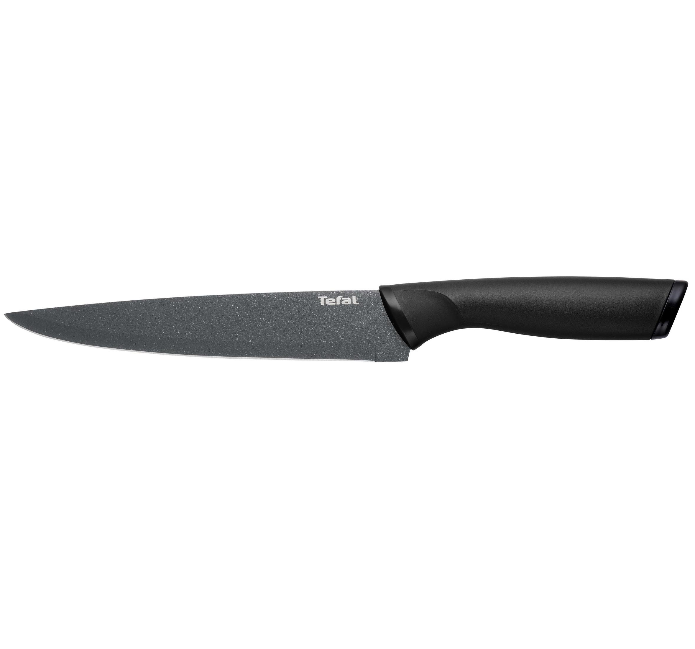 Schwarzes Tefal Küchenmesser, Nahaufnahme, auf weißem Hintergrund.