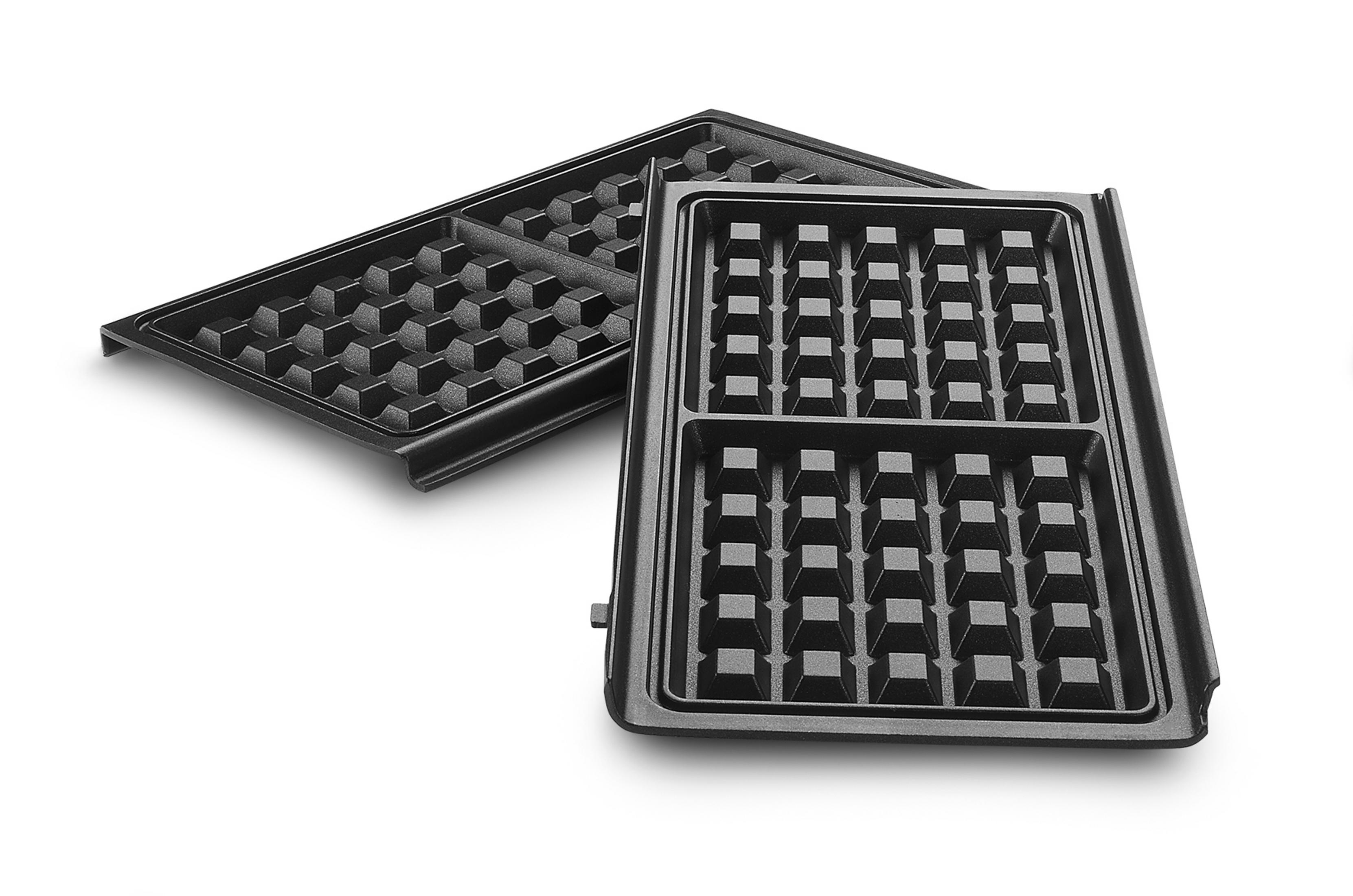 Dos placas negras de gofrera, rectangulares con patrones de rejilla, sobre una superficie blanca.