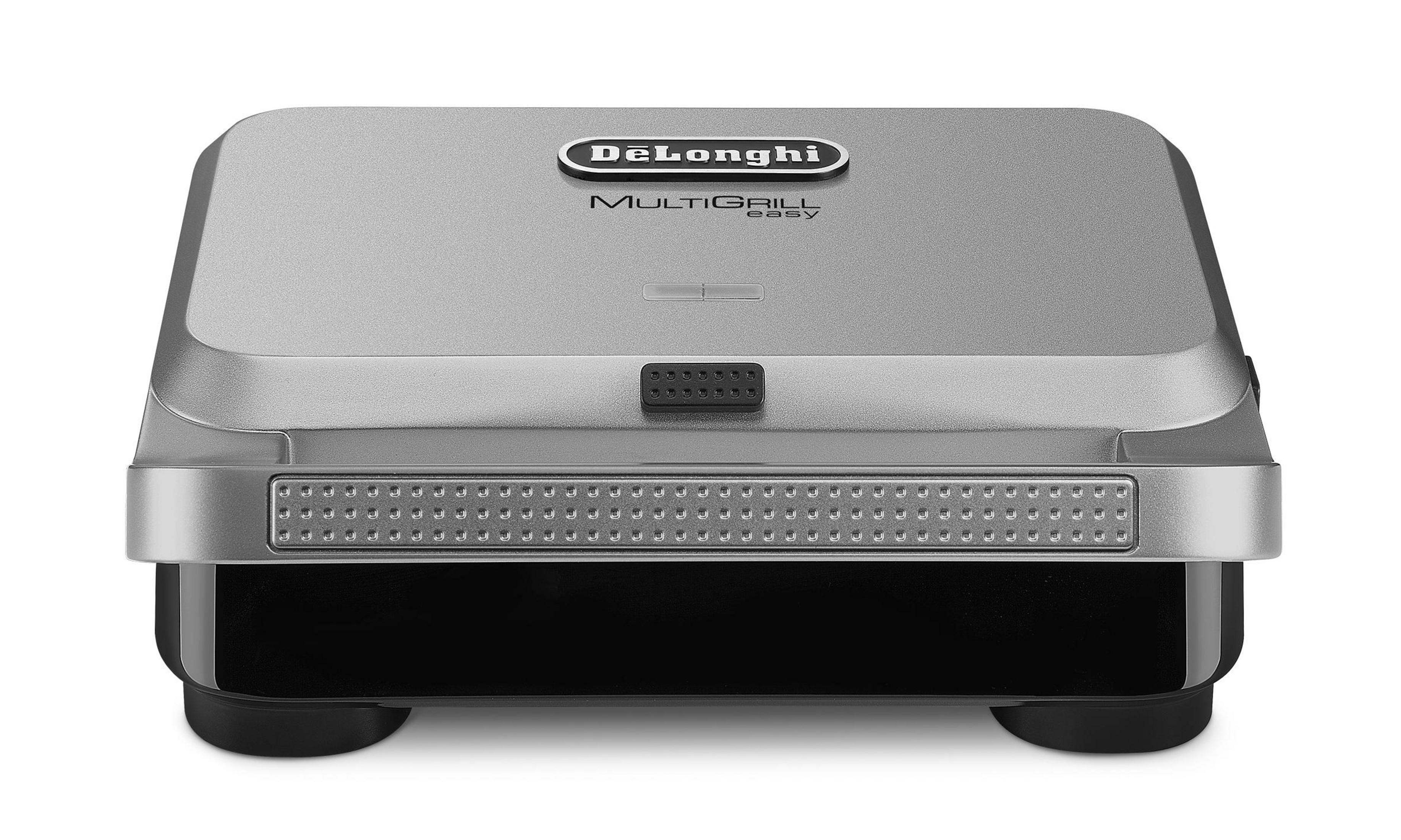 Un De'Longhi MultiGrill Easy plateado, cerrado, con base negra y asa.