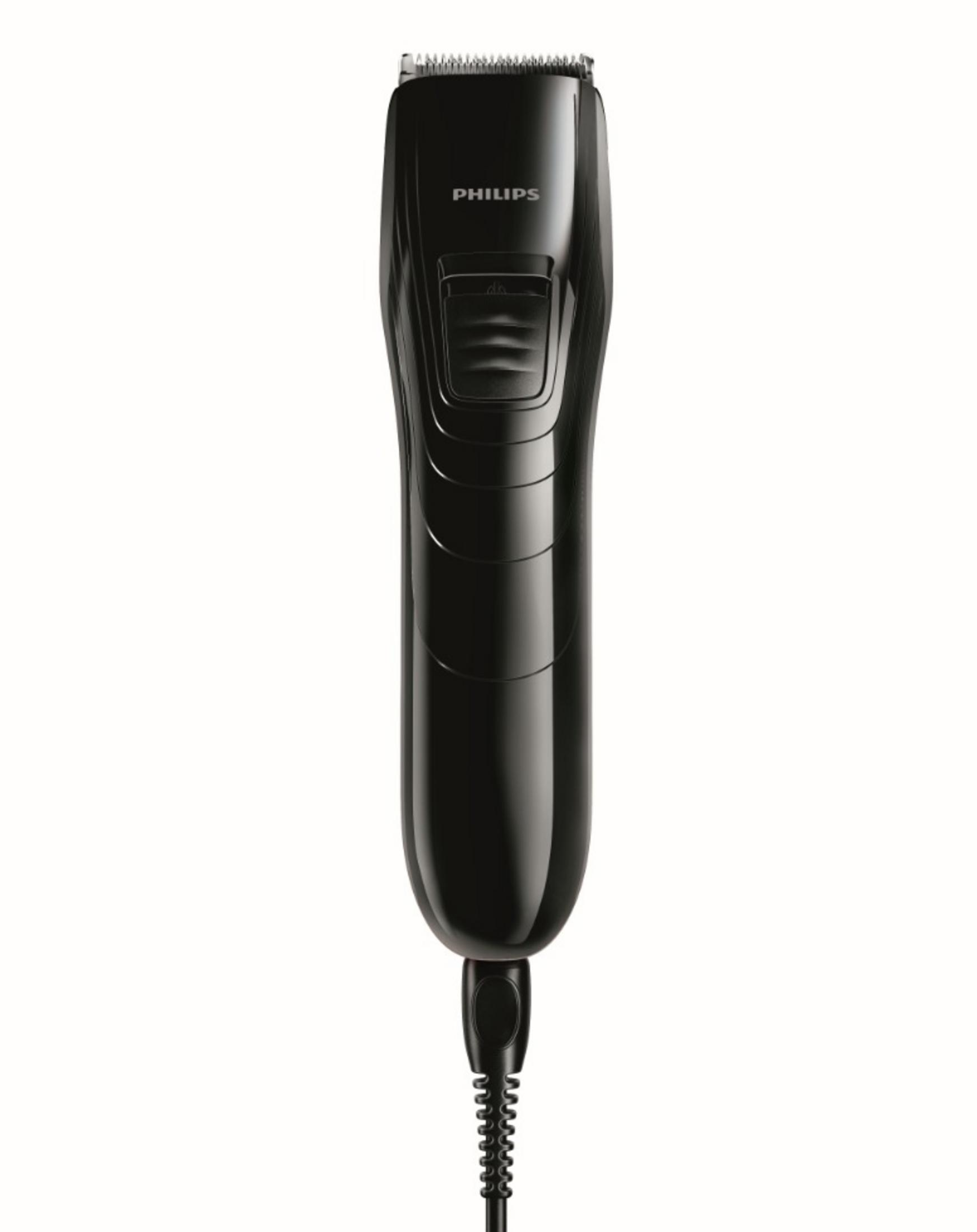 Recortadora de cabello Philips negra aislada sobre fondo blanco.
