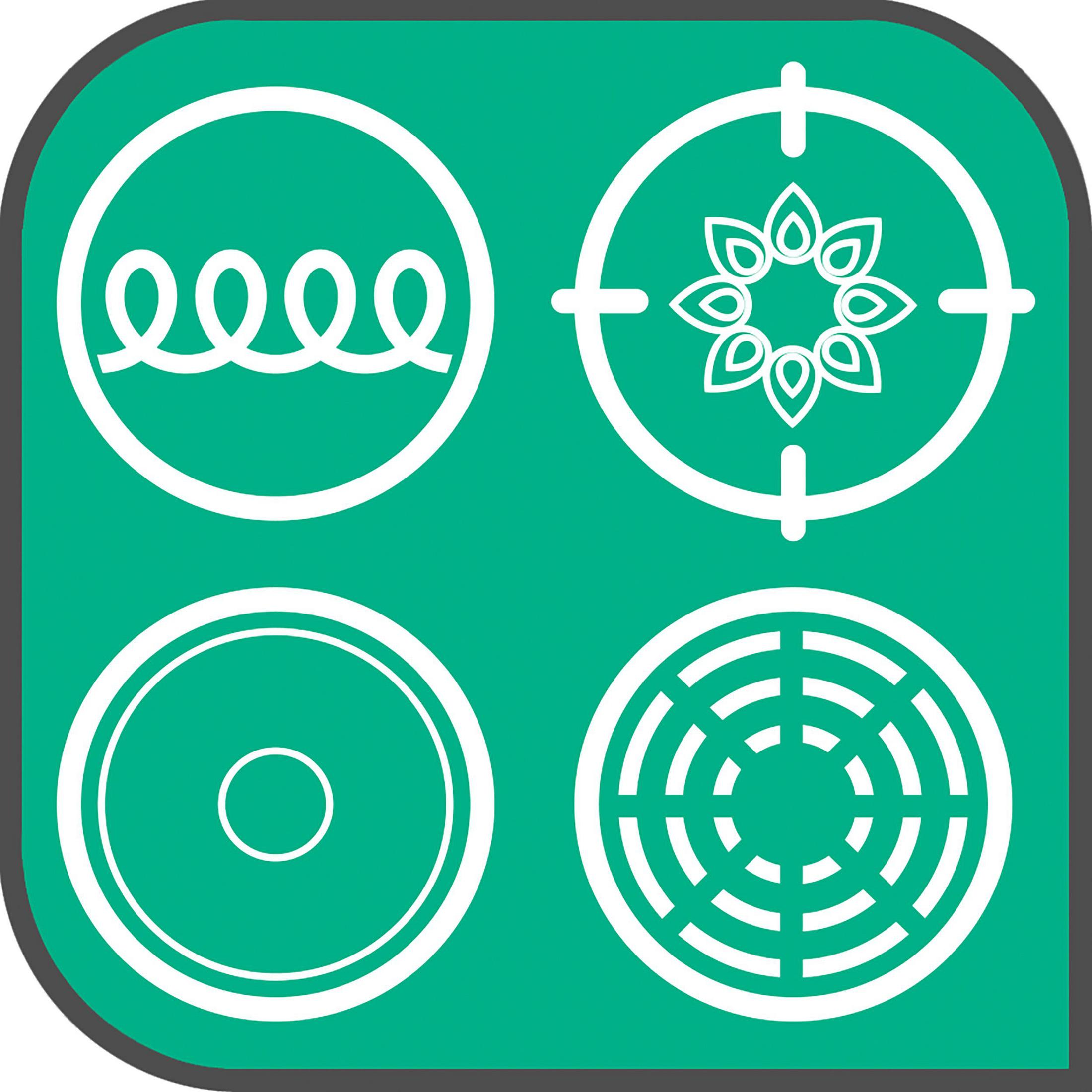 Quatre icônes sur un fond bleu-vert. Les icônes représentent une bobine, une fleur, un cercle et un motif radial.