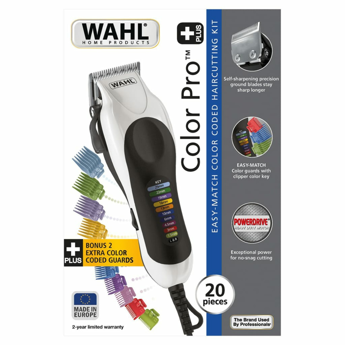 Wahl Haarschneide-Set mit mehreren farbcodierten Aufsätzen und einem weiß-schwarzen Design.