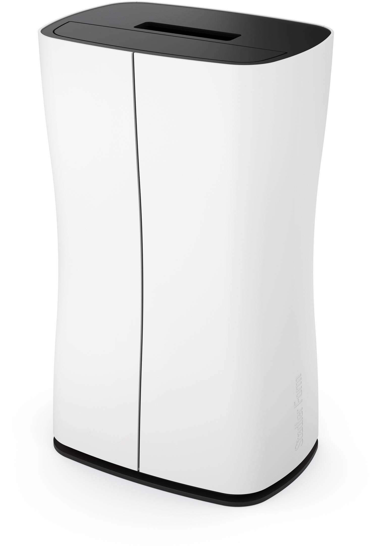 Purificateur d'air blanc avec dessus et base noirs, fond blanc.