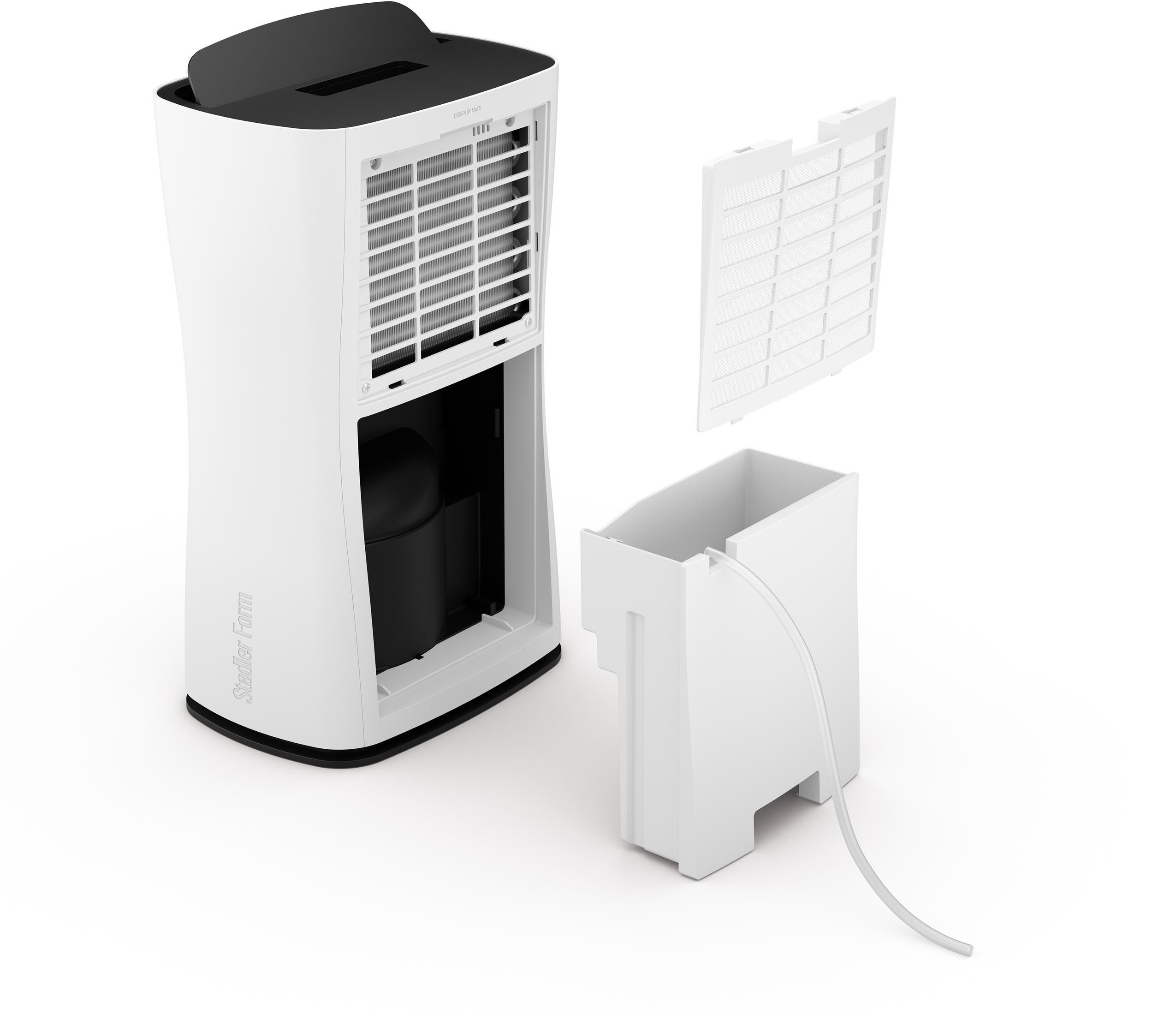 Purificateur d'air blanc avec des pièces amovibles. Dessus noir. Fond blanc.