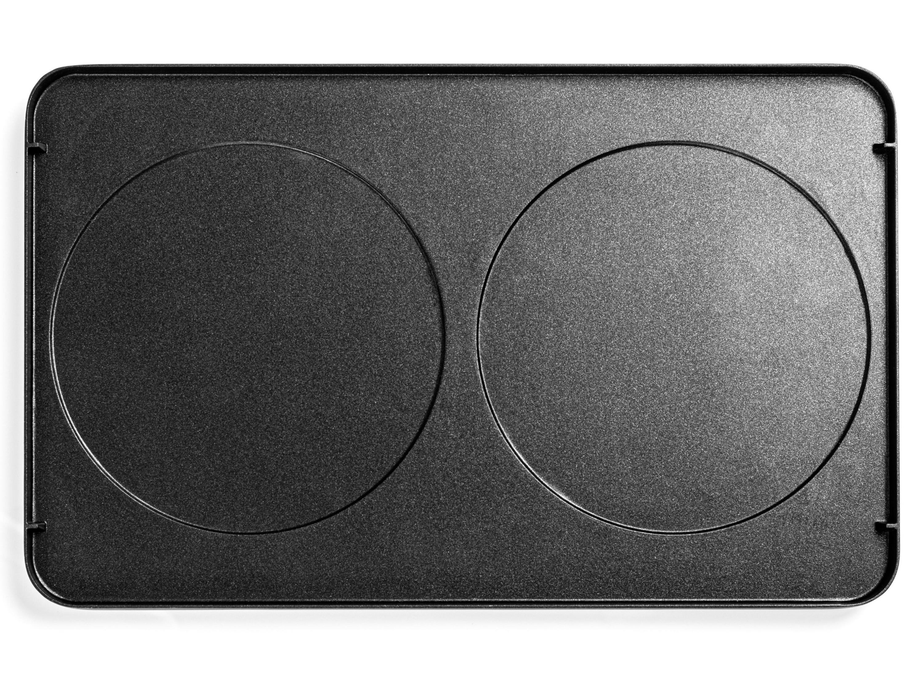 Czarna prostokątna taca z dwoma okrągłymi wgłębieniami. Zaokrąglone krawędzie.