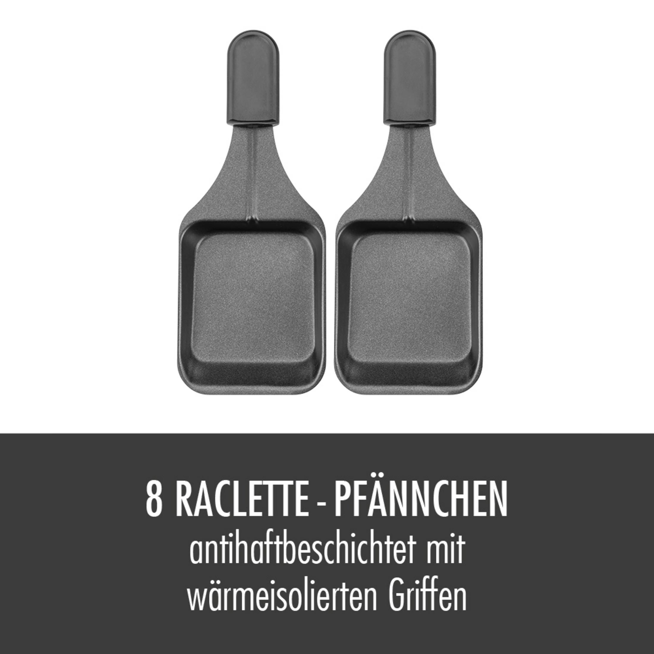Zwei graue Raclette-Pfännchen mit schwarzen Griffen, darunter Text. Weißer Hintergrund.