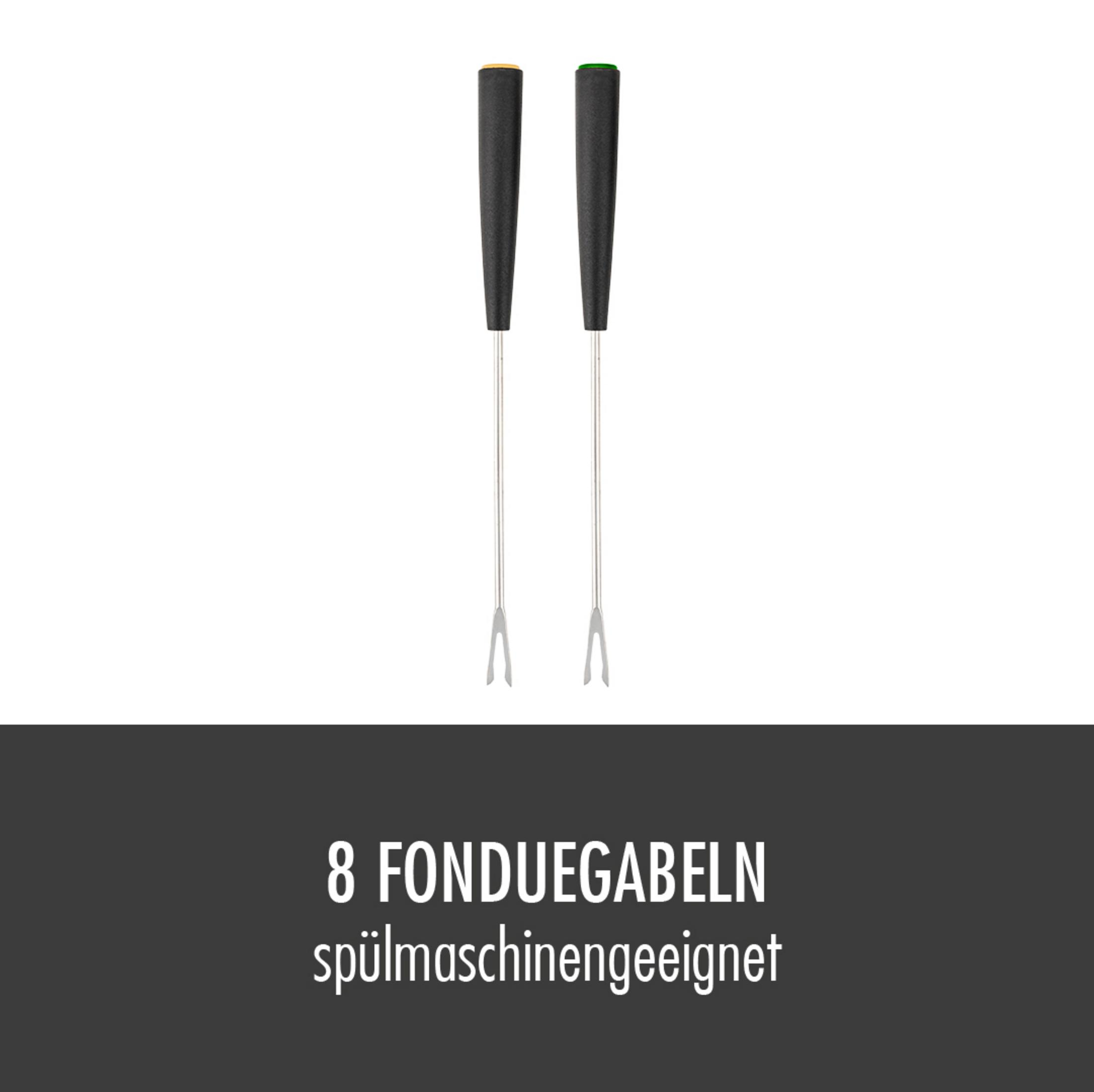 Zwei Fonduegabeln mit schwarzen Griffen und silbernen Zinken, Text unten, weißer Hintergrund.