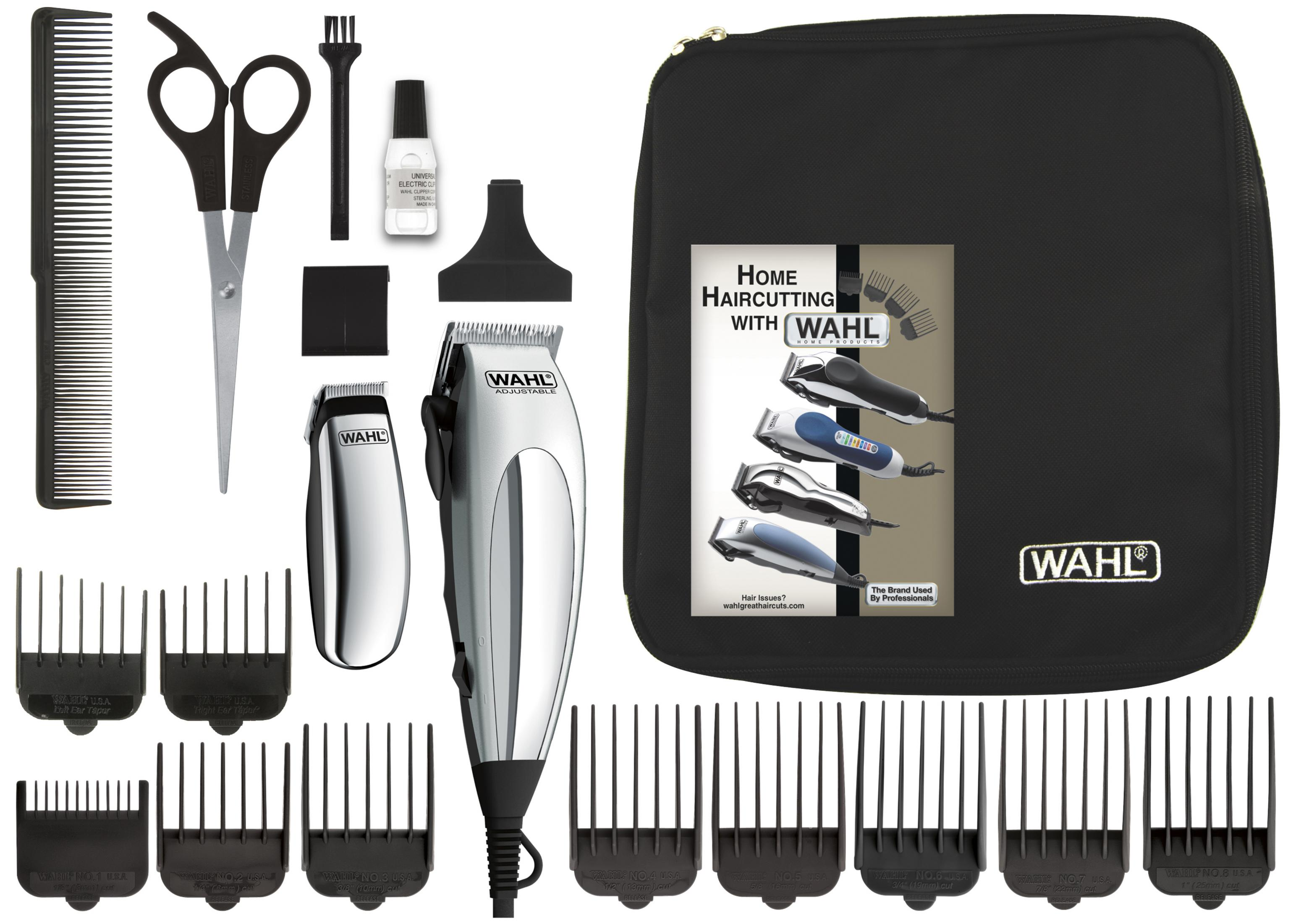 Zestaw do strzyżenia włosów z maszynkami Wahl, nożyczkami, grzebieniami i prowadnicami, w czarnym etui. Białe tło.