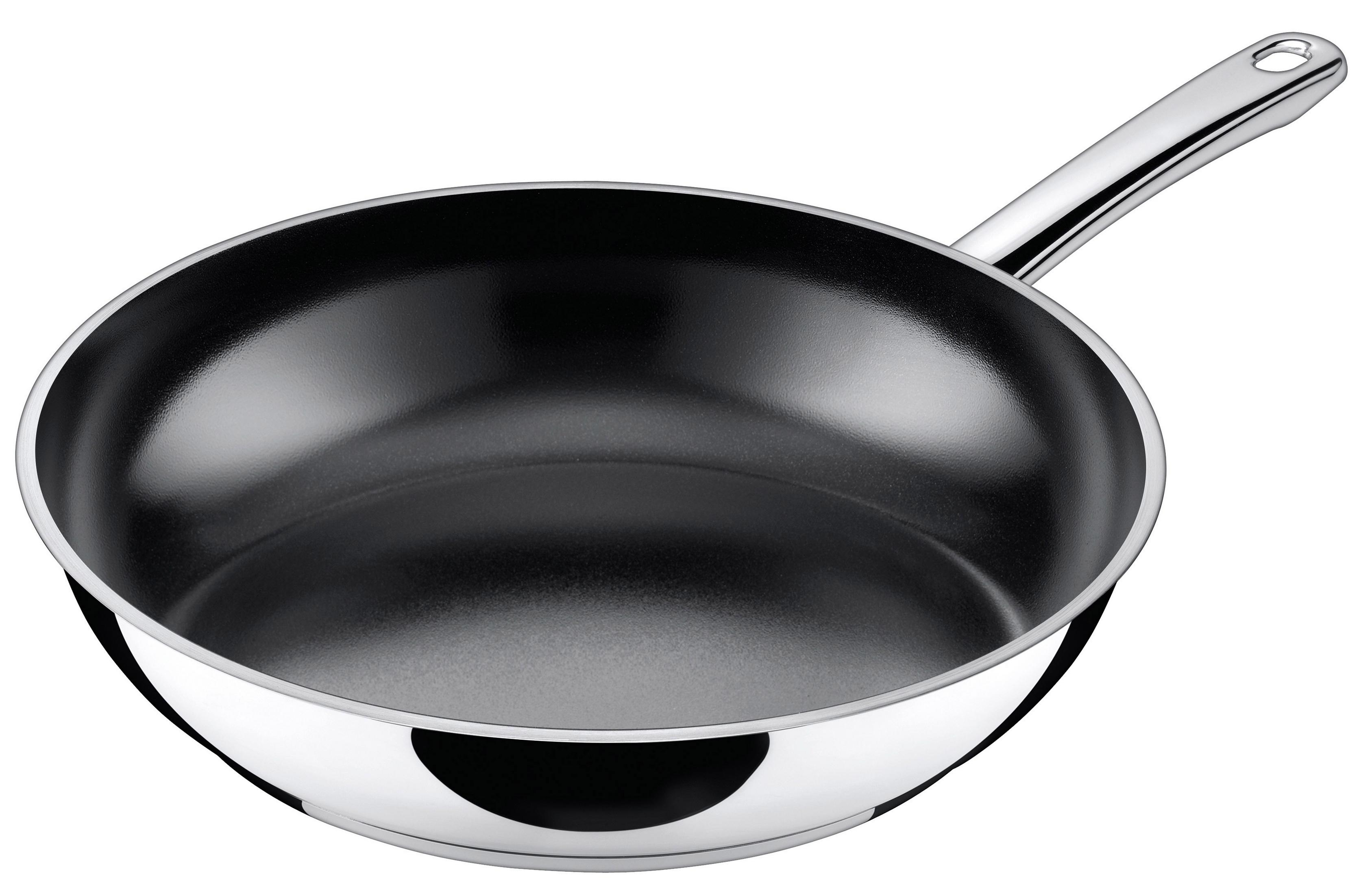 Bratpfanne mit glänzender schwarzer Oberfläche und Edelstahlrand. Sie hat einen langen Griff.