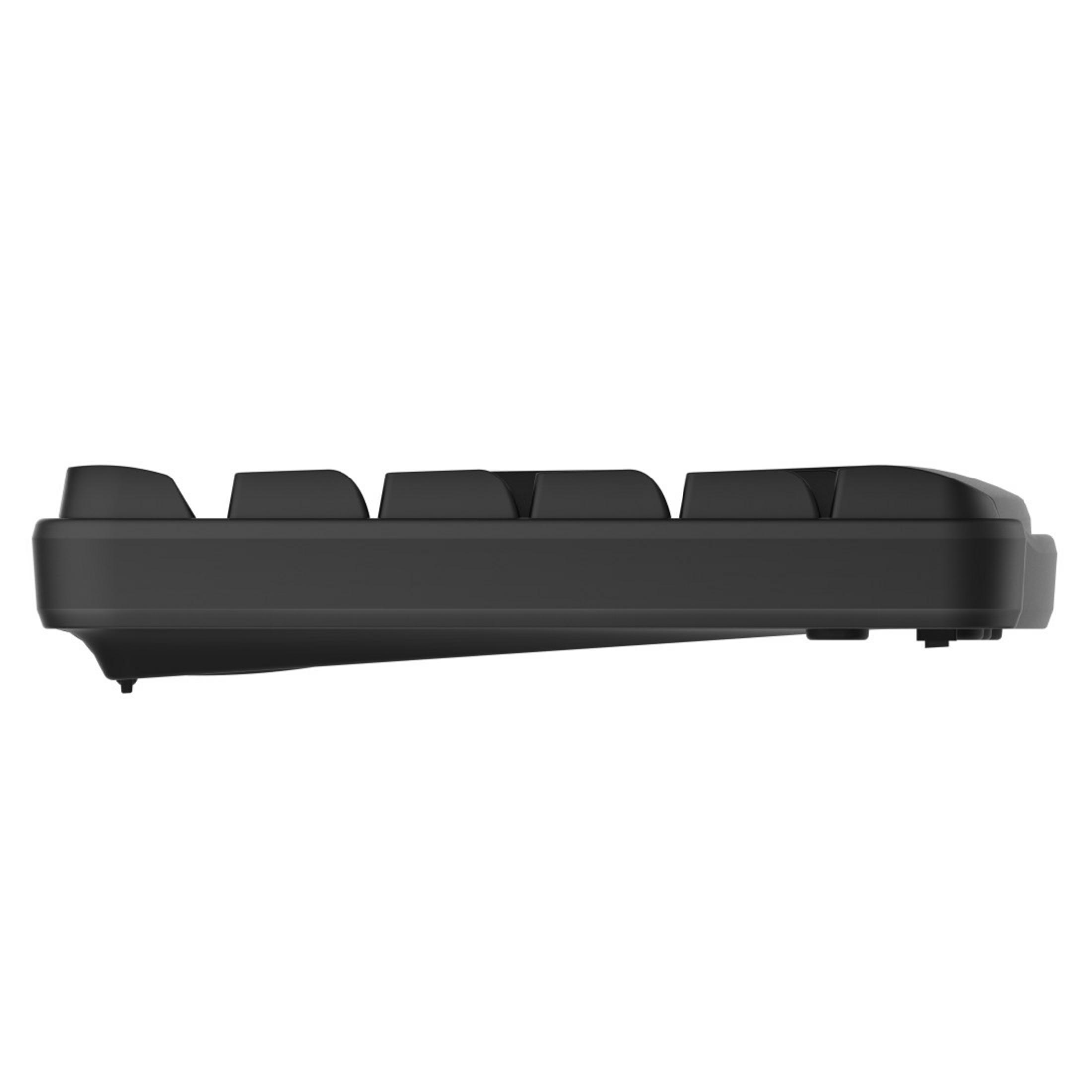 Schwarze Tastatur von der Seite vor weißem Hintergrund.