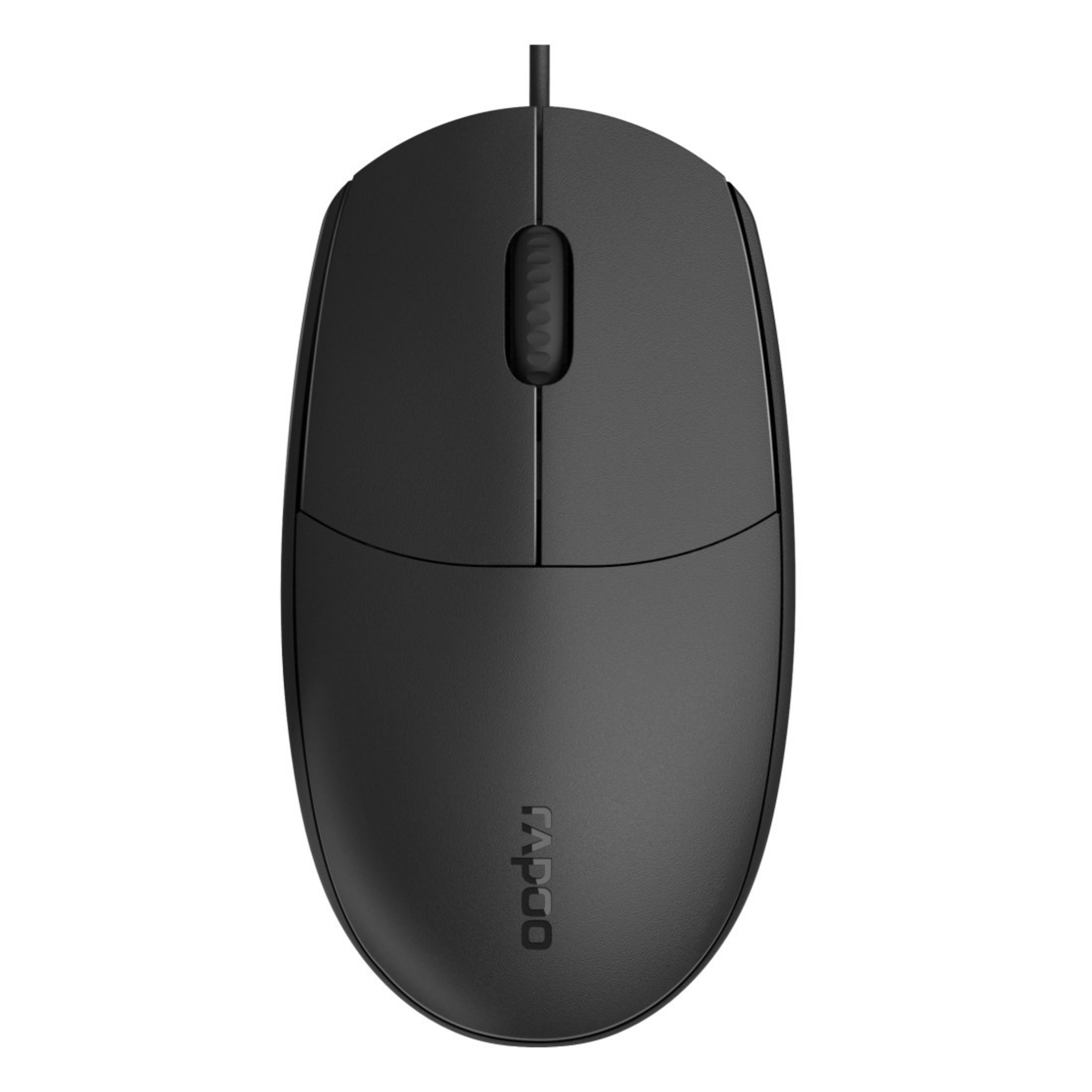 Schwarze Computermaus, Draufsicht, mit Scrollrad und Markenname.