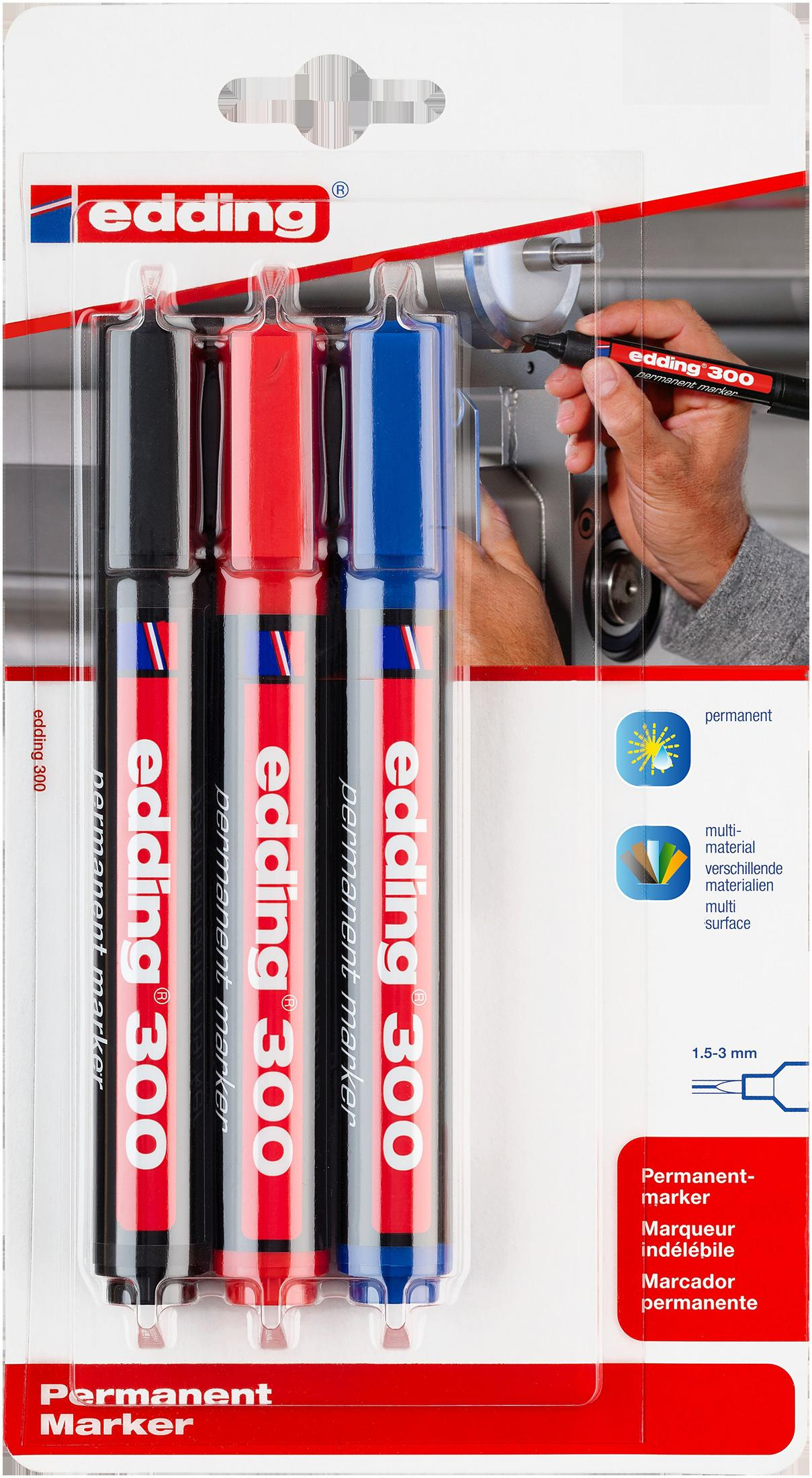 Packung mit drei Permanentmarkern. Schwarz, rot und blau. Verpackung zeigt Benutzer beim Schreiben.