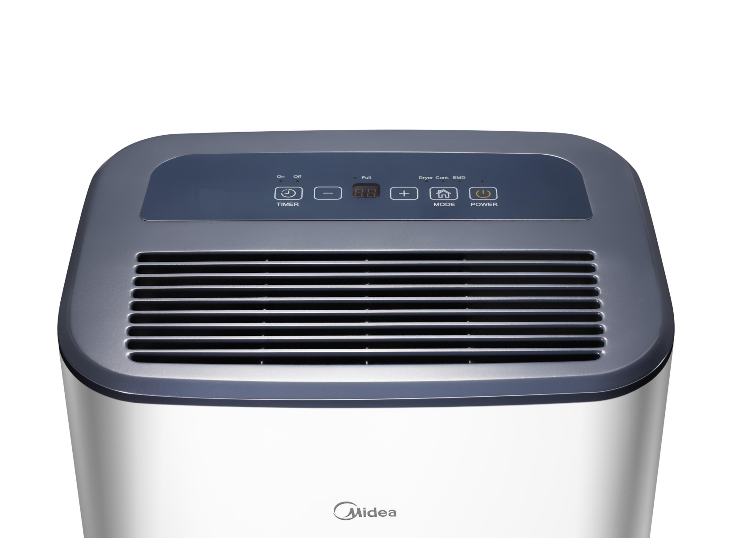 Biało-szary osuszacz powietrza, widok z góry, pokazujący panel sterowania i otwory wentylacyjne.