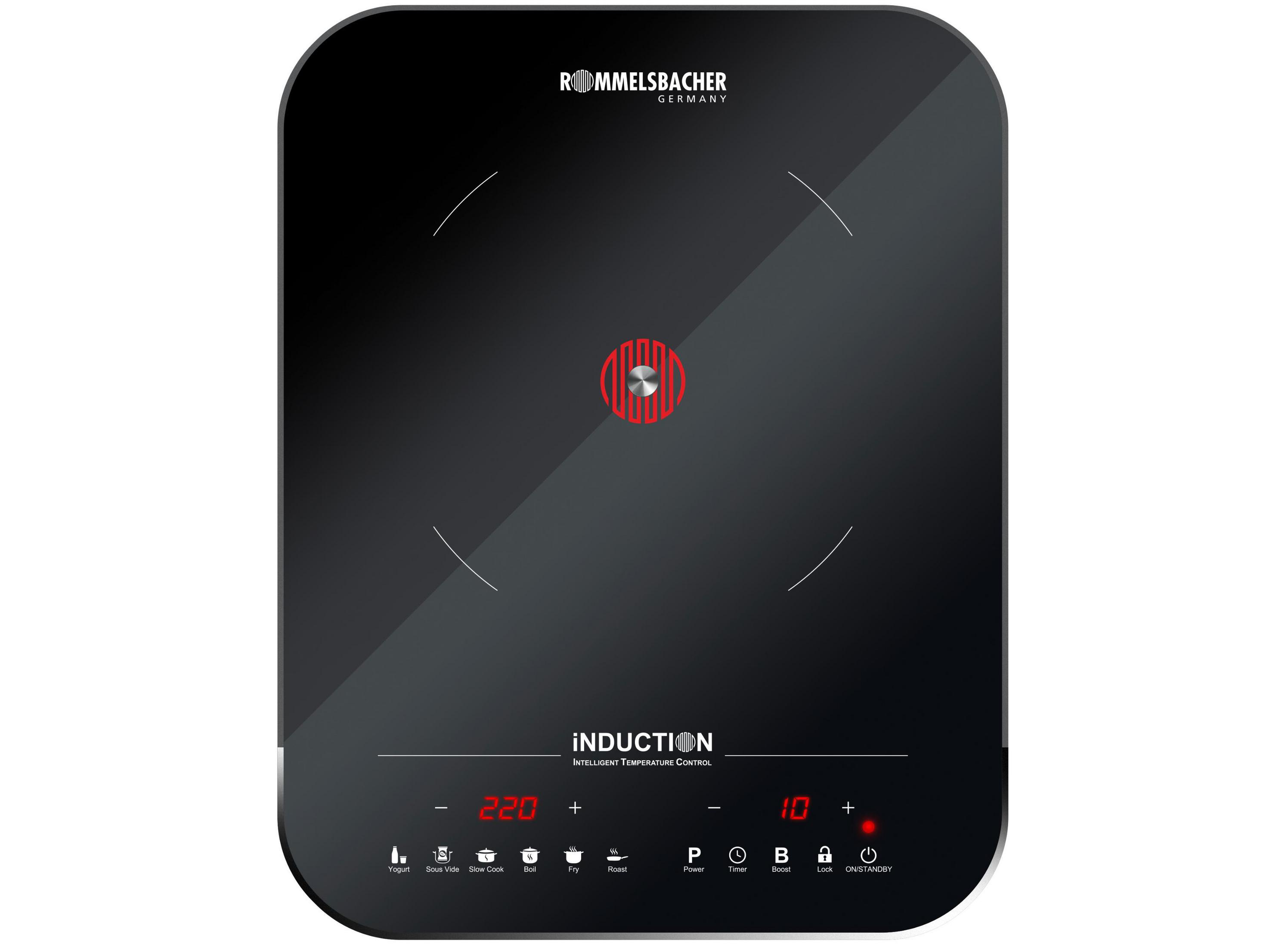 Czarna płyta indukcyjna z czerwonym wyświetlaczem i przyciskami.