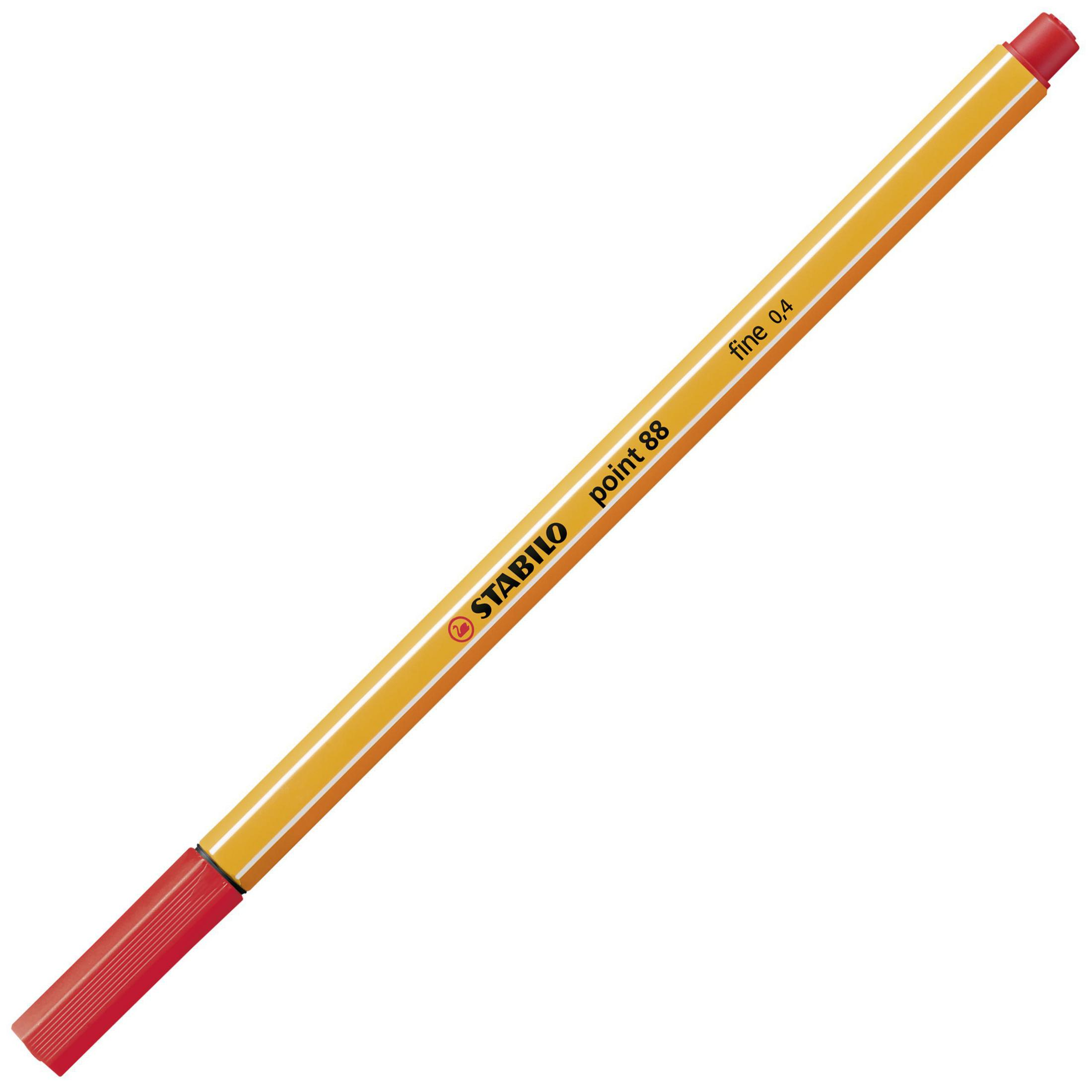 Gelber Stift mit roter Spitze und Kappe. Text: 'STABILO point 88 fine 0,4'.