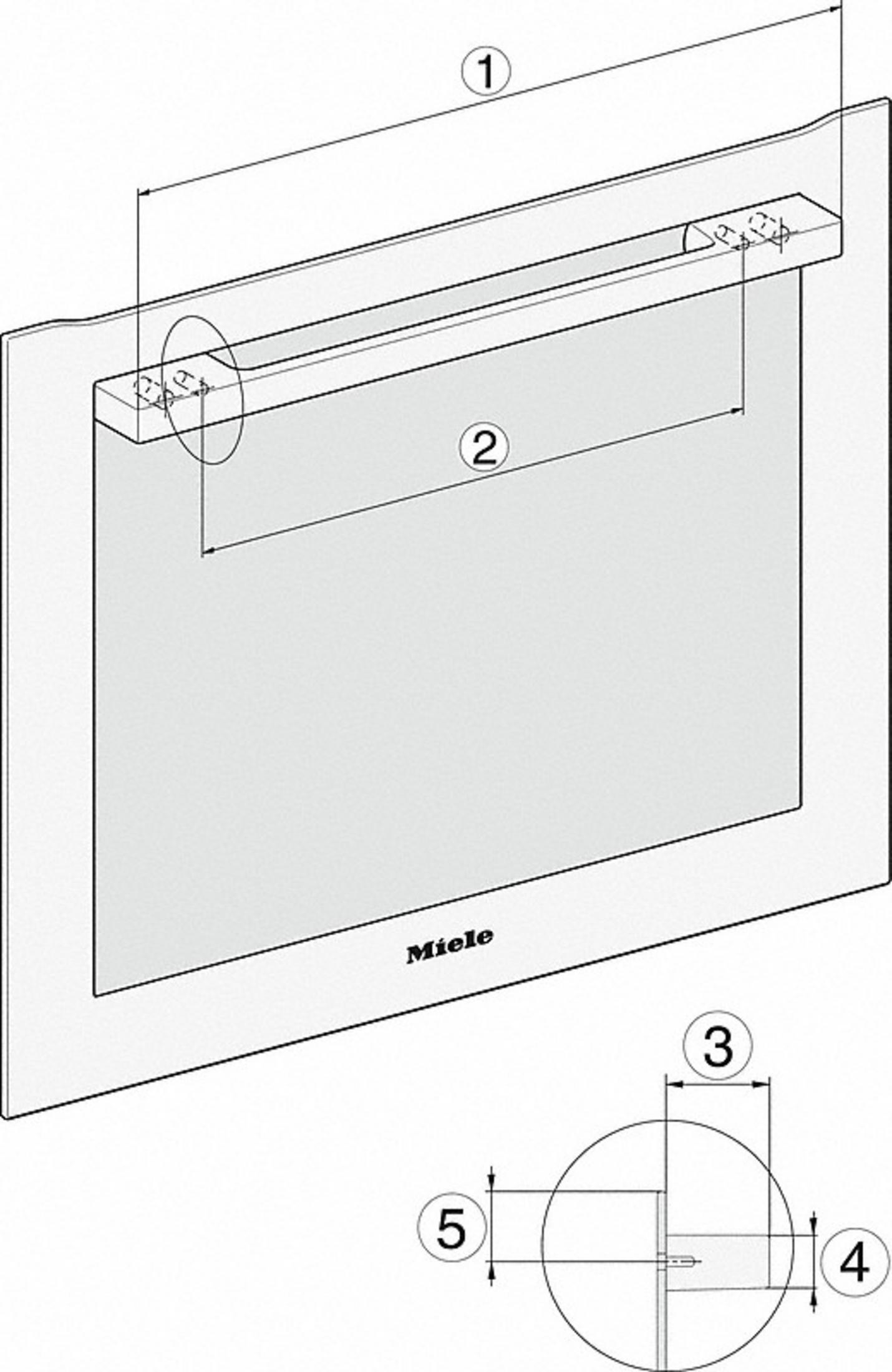 Diagramm einer Miele-Backofentür mit Abmessungen und Messungen.