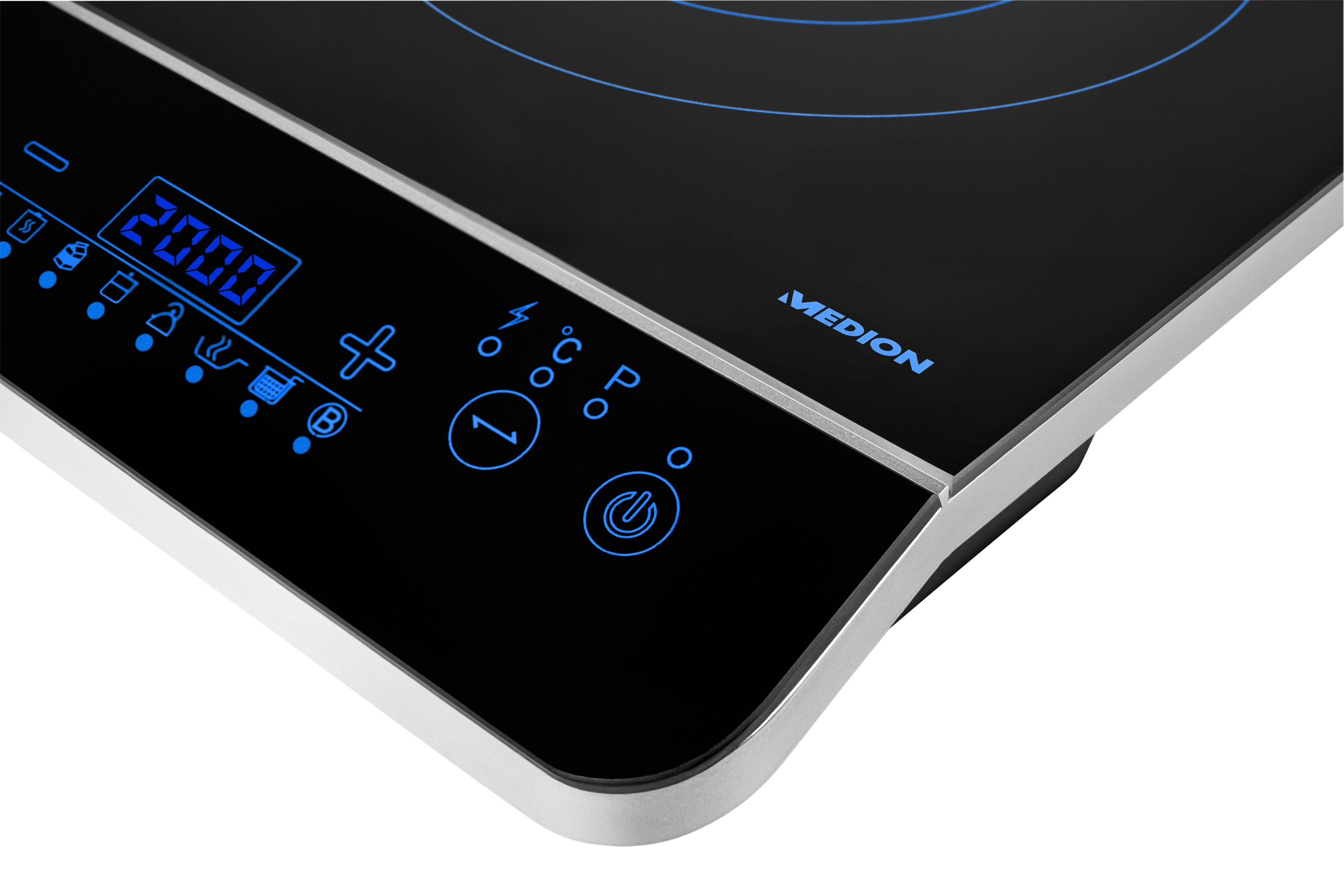 Narożnik czarnej płyty indukcyjnej. Niebieski wyświetlacz pokazuje liczby i symbole. Widoczny przycisk zasilania.