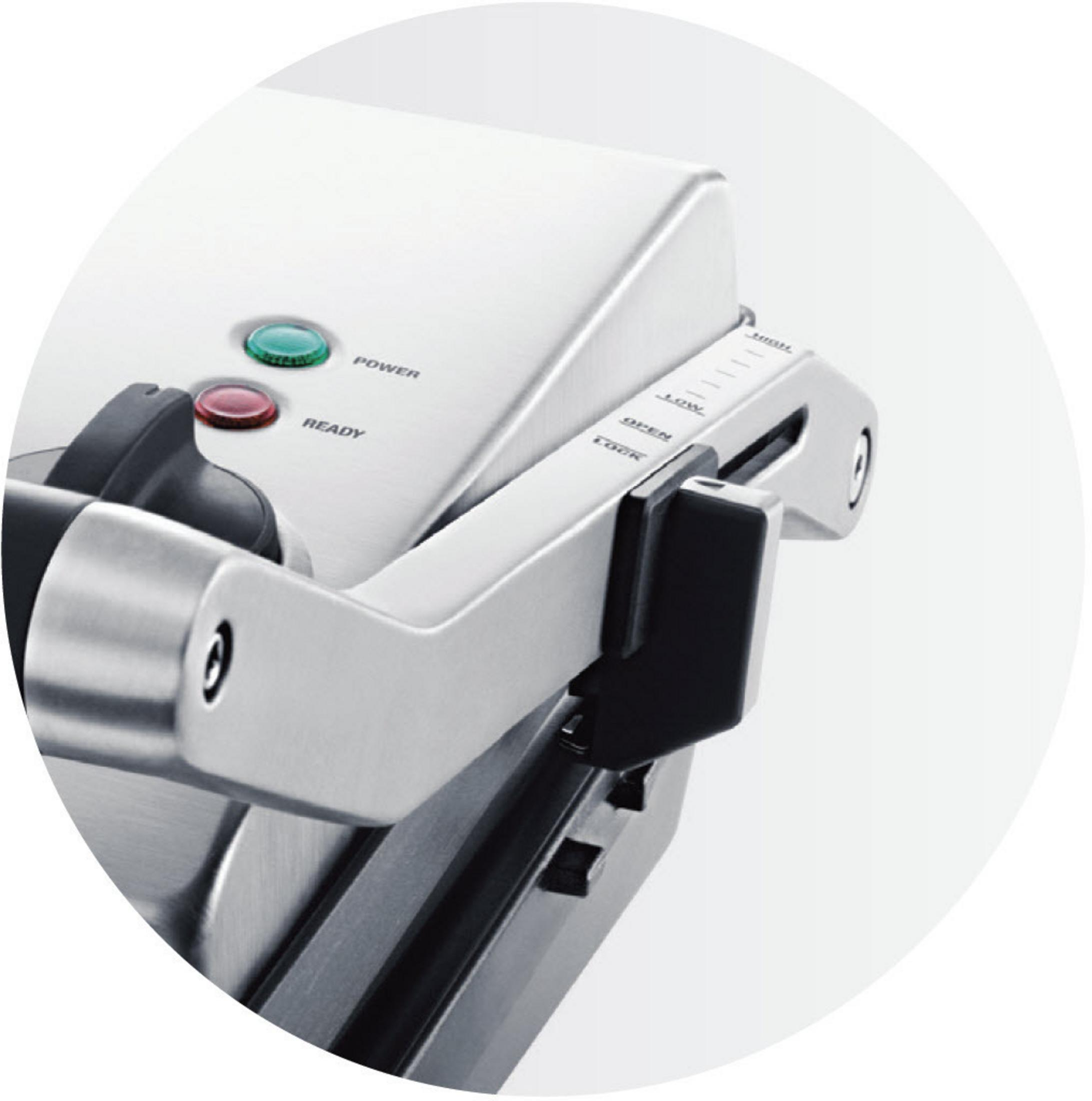 Szczegół opiekacza do kanapek ze wskaźnikami zasilania i gotowości.