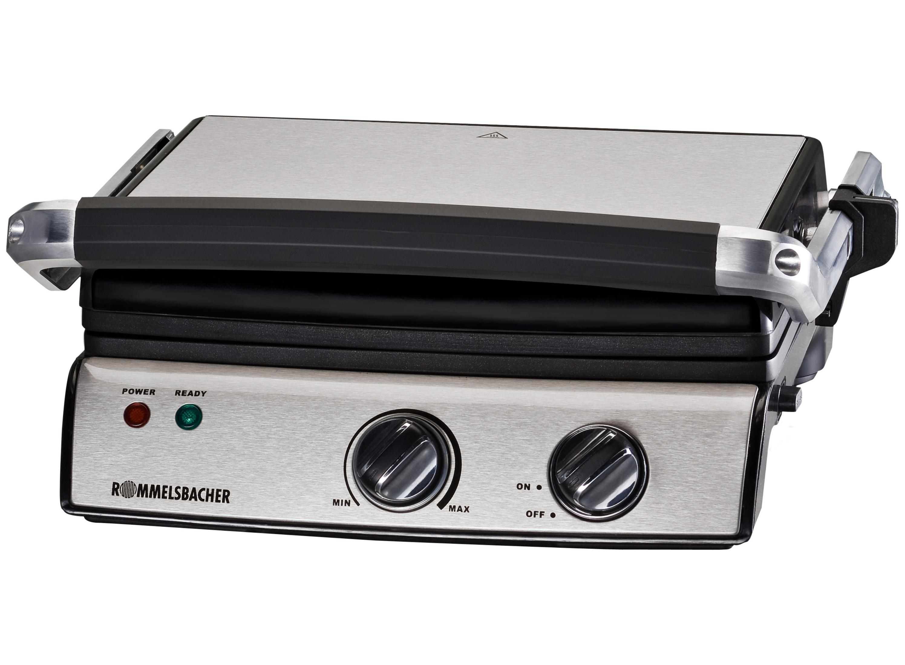 Srebrno-czarny grill Rommelsbacher z pokrętłami i wskaźnikami na białym tle.