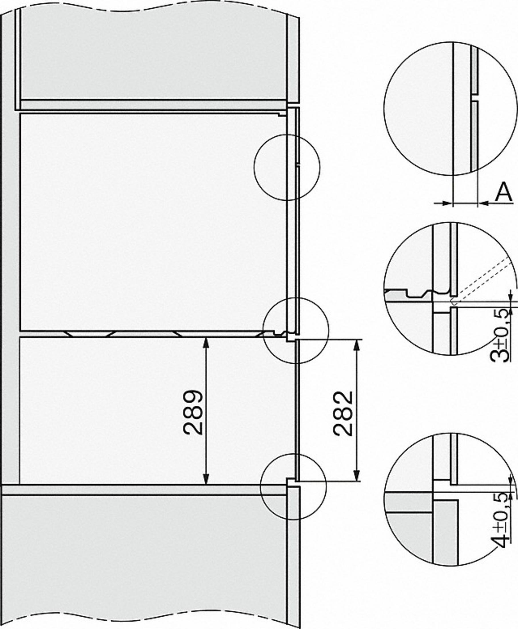 Diagramm einer Schrankverbindung mit Maßangaben in Millimetern. Details sind in Kreisen dargestellt.