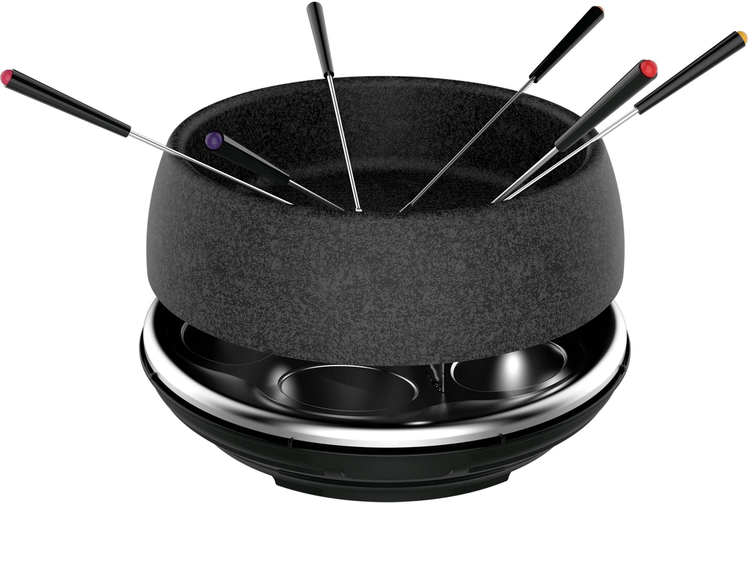 Czarny garnek do fondue z widelcami do fondue. Garnek stoi na czarnej podstawie z metalowym pierścieniem wokół.