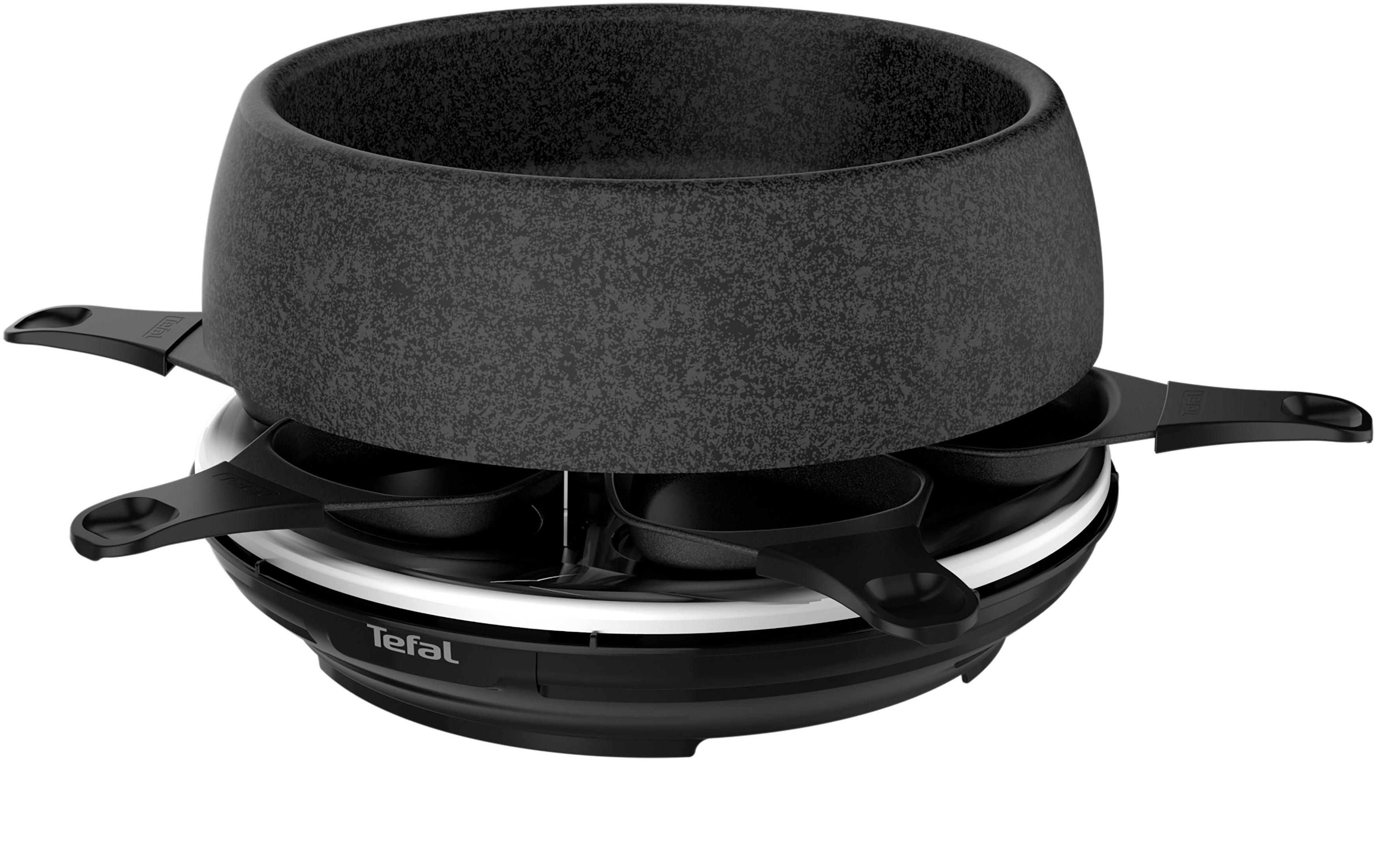 Czarny grill do raclette z dużą górną patelnią i pojedynczymi patelniami poniżej. Widoczne logo Tefal.