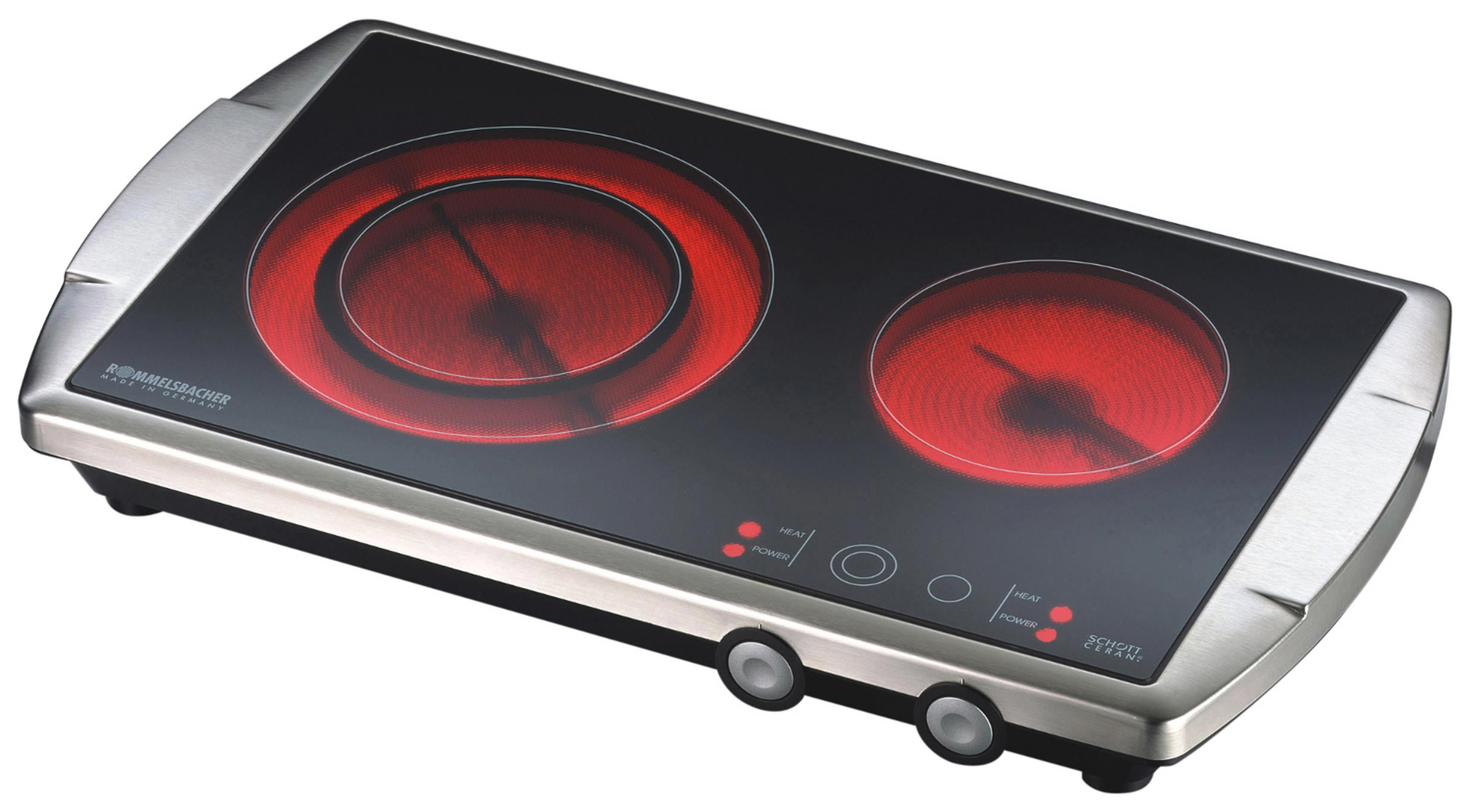 Czarna i srebrna płyta grzejna z dwoma czerwonymi okręgami grzewczymi i dwoma pokrętłami.