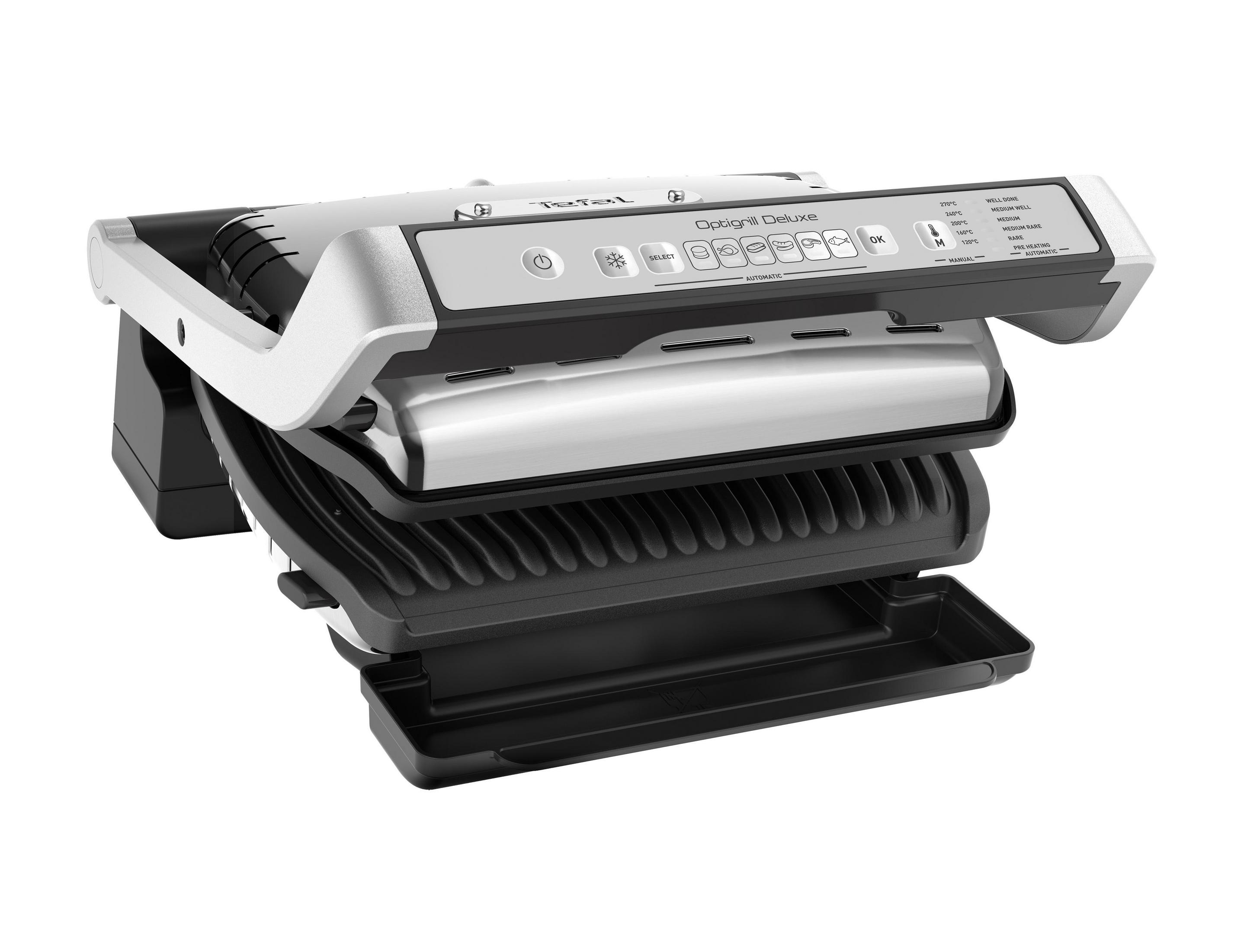 Otwarty Tefal OptiGrill Deluxe, pokazujący płyty grzewcze i panel sterowania.