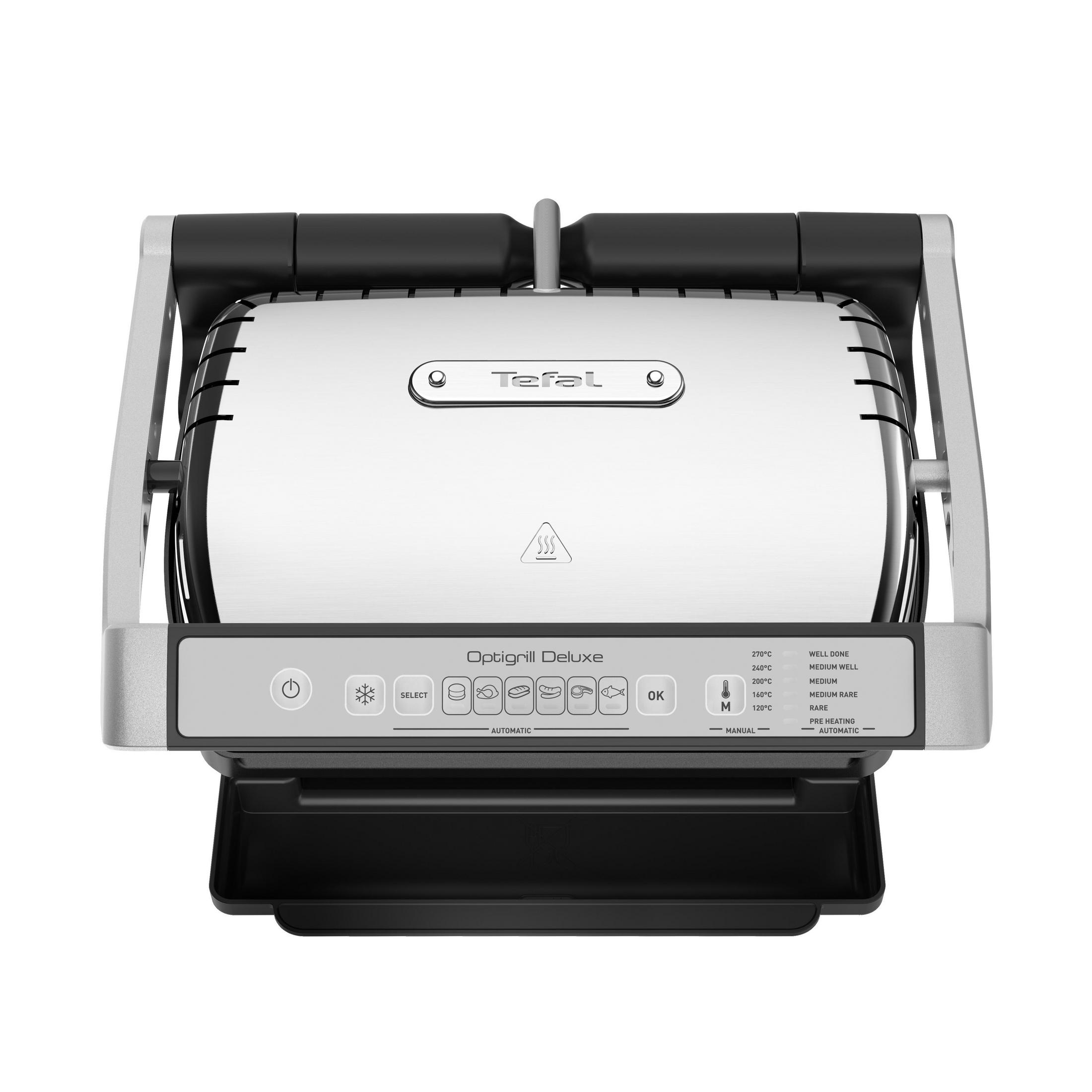 Tefal OptiGrill Deluxe. Ma czarną podstawę i srebrną górę z przyciskami i wyświetlaczem.