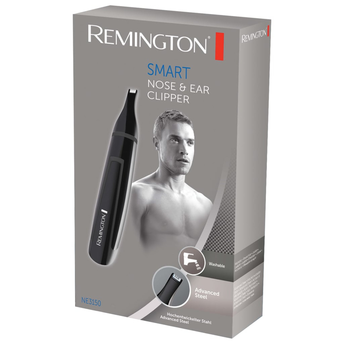 Eine Remington Smart Nose & Ear Clipper Box. Bild eines Mannes darauf. Schwarzer Clipper wird gezeigt.