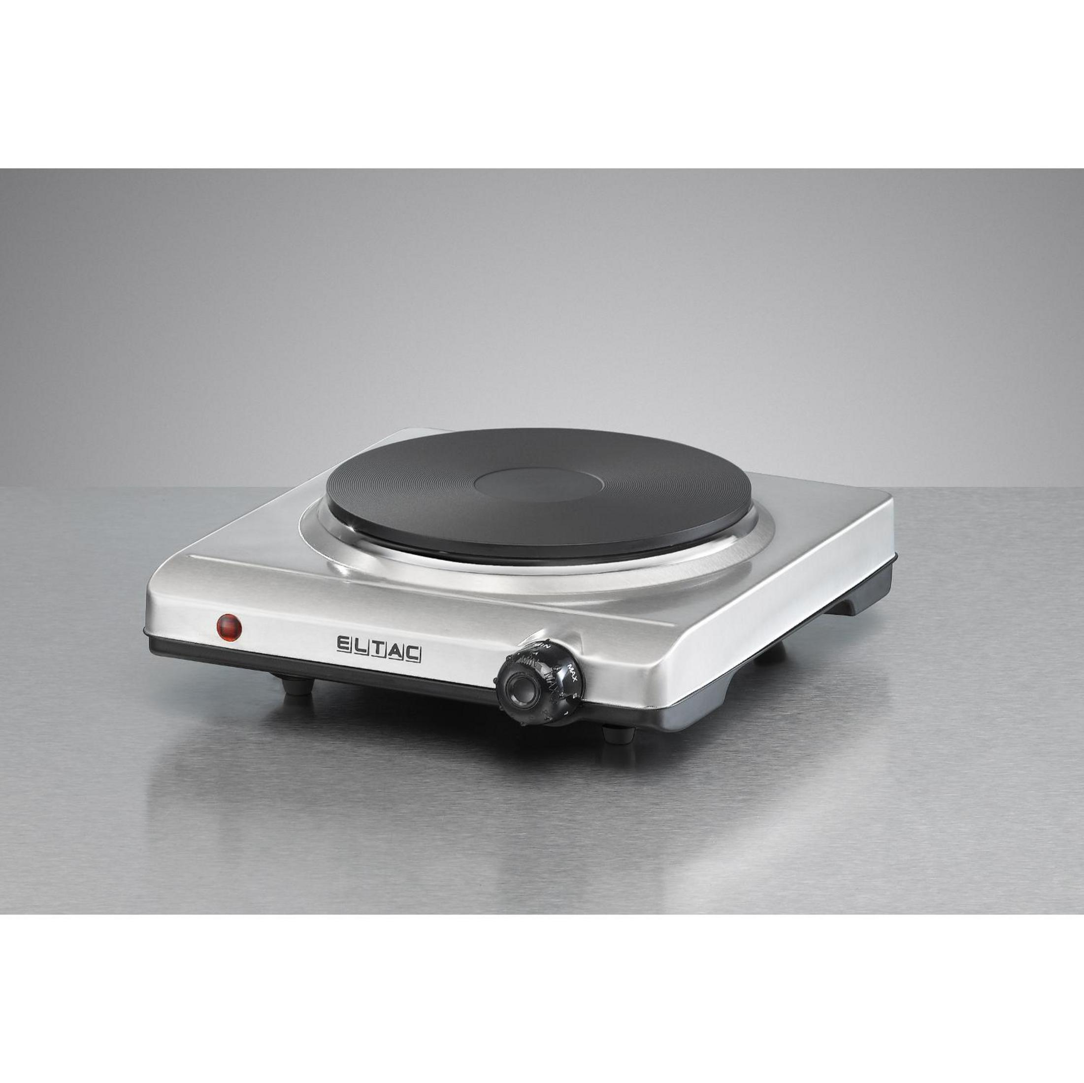 Srebrna elektryczna płyta grzejna z czarnym elementem grzejnym i pokrętłem.