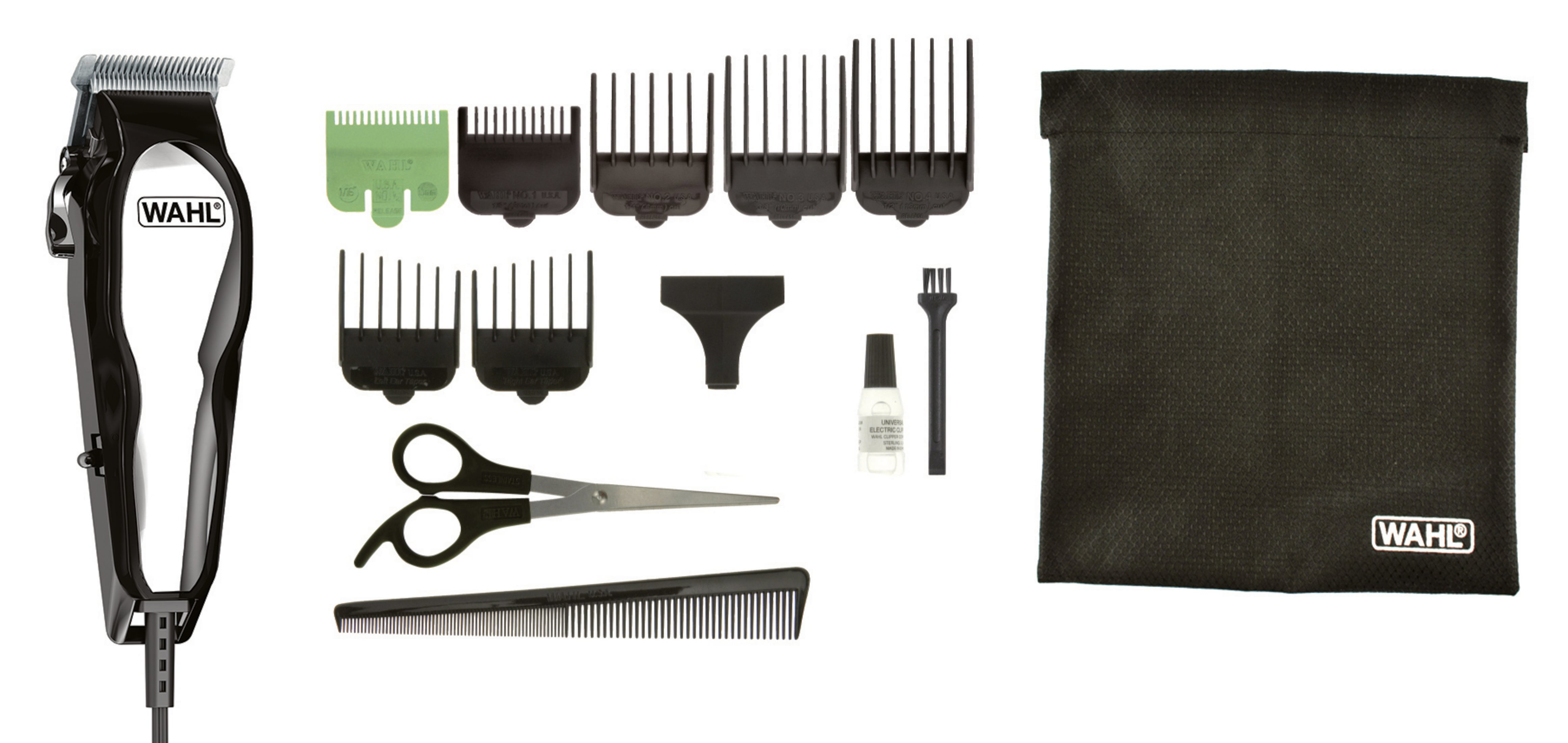 Ein schwarzes Haarschneide-Set mit Zubehör. Enthält Clipper, Aufsätze, Schere, Kamm und eine Tasche.