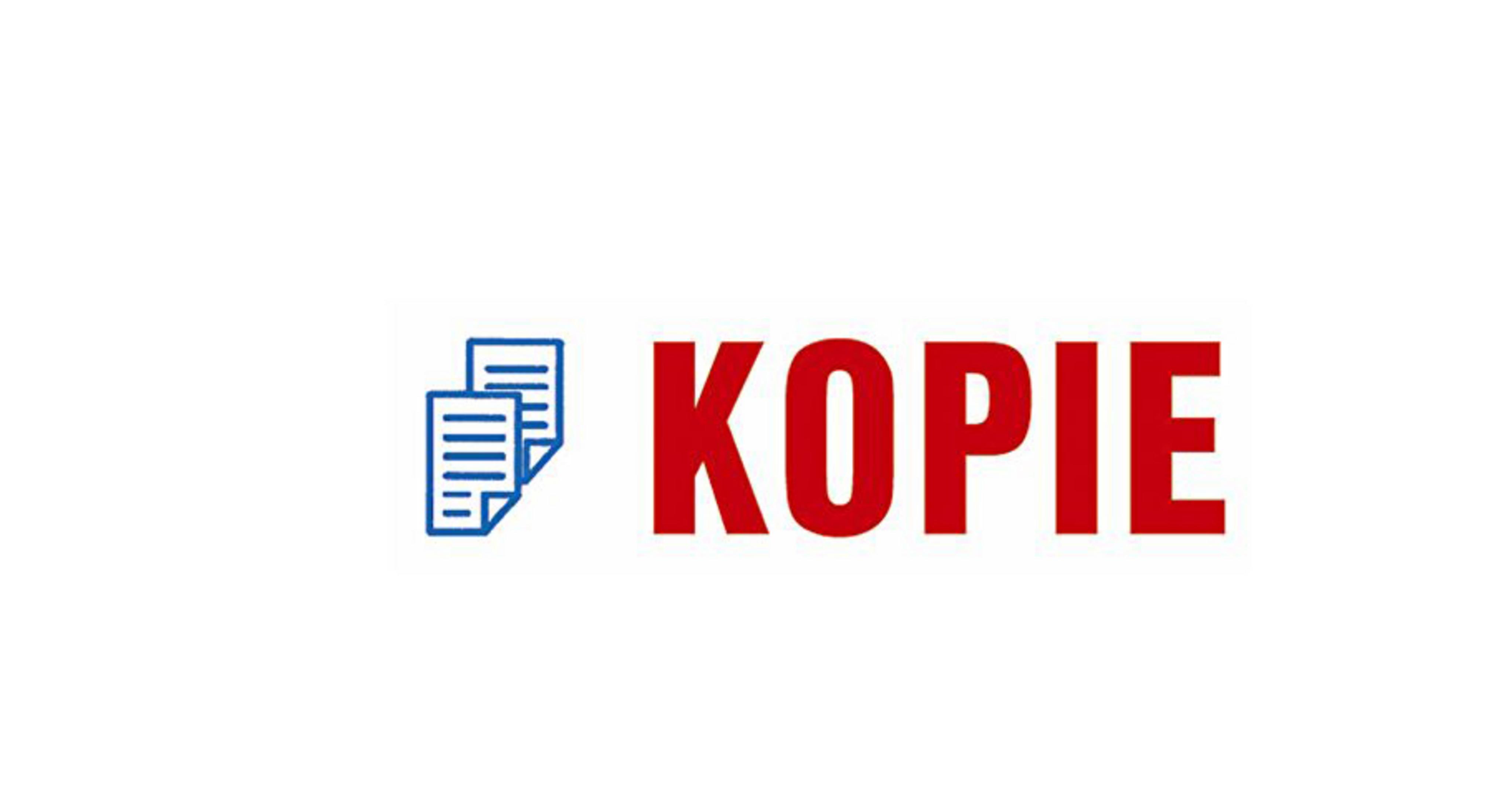 Die Worte 'KOPIE' in roter Schrift mit einem blauen Dokumentensymbol. Weißer Hintergrund.