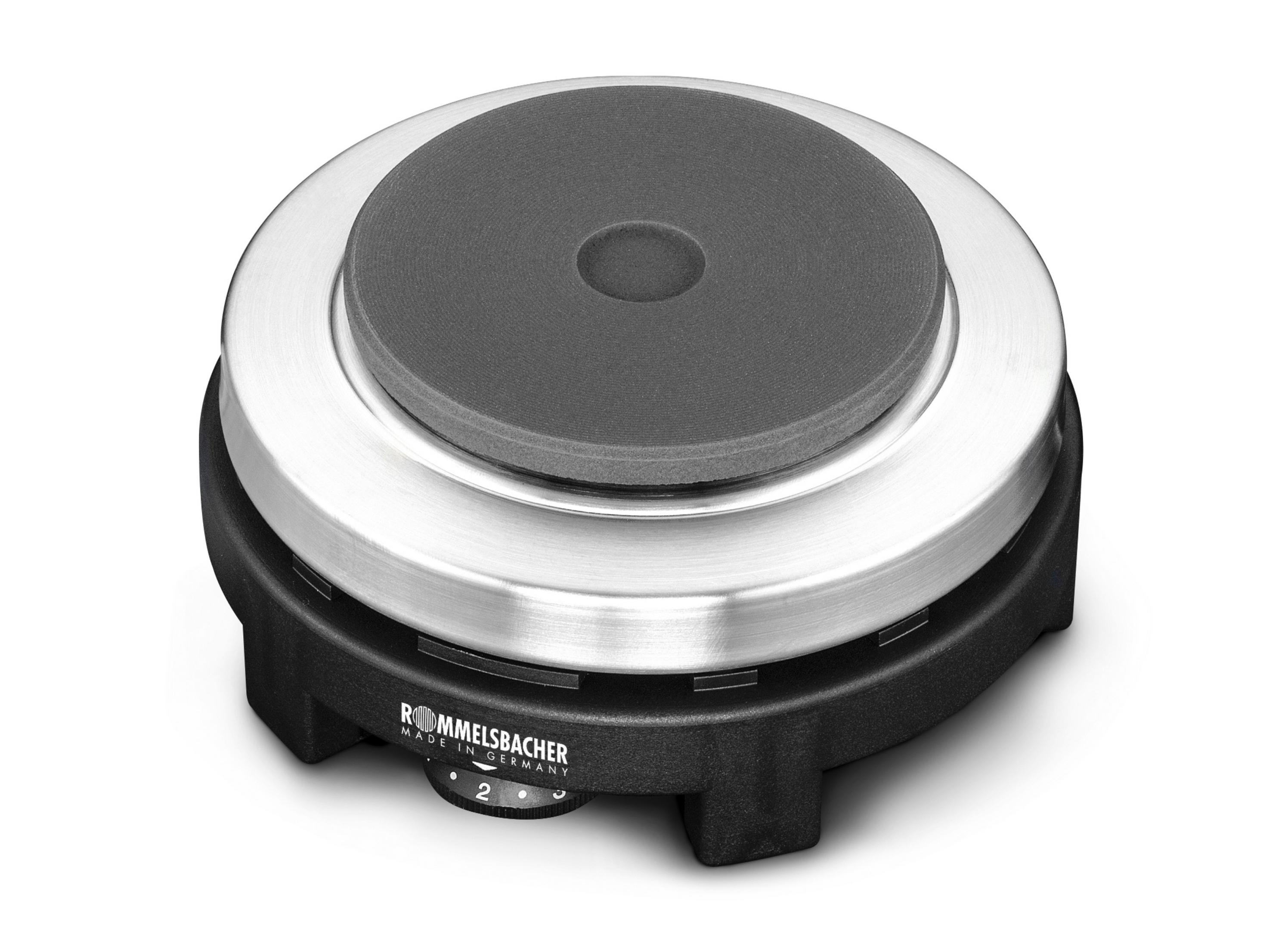 Piastra elettrica rotonda. La parte superiore è argentata con un elemento riscaldante grigio. Base nera e impostazioni.