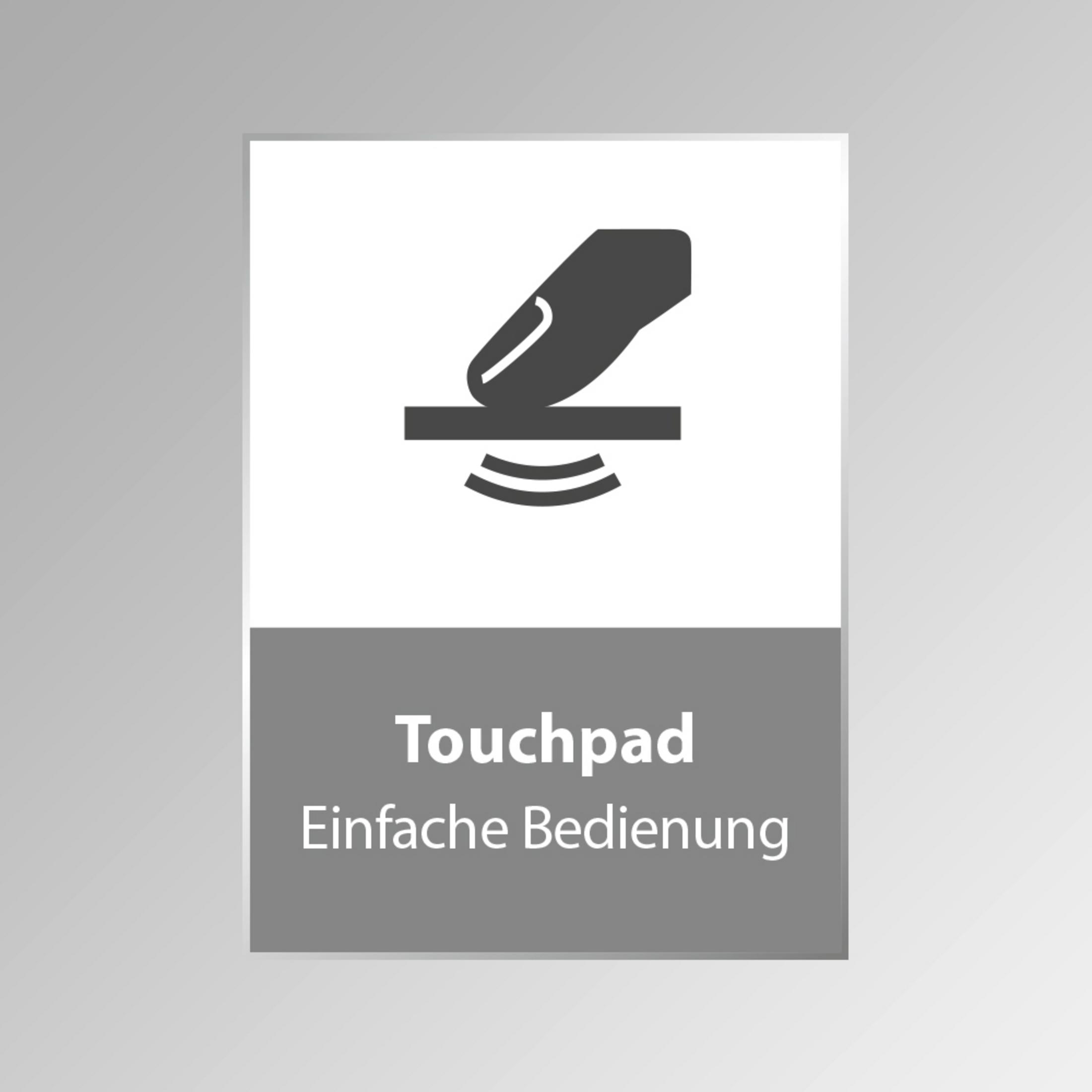 Ein Schild zeigt eine Hand, die eine Oberfläche berührt, mit den Worten 'Touchpad' und 'Einfache Bedienung'.