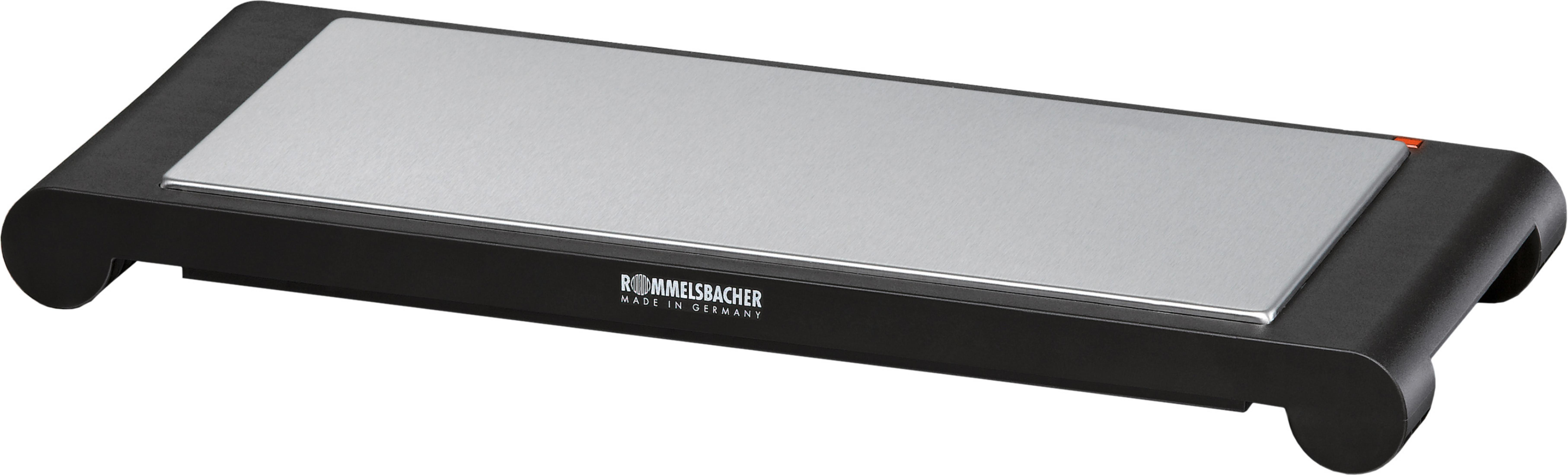 Schwarze elektrische Grillplatte mit silberner Kochfläche.