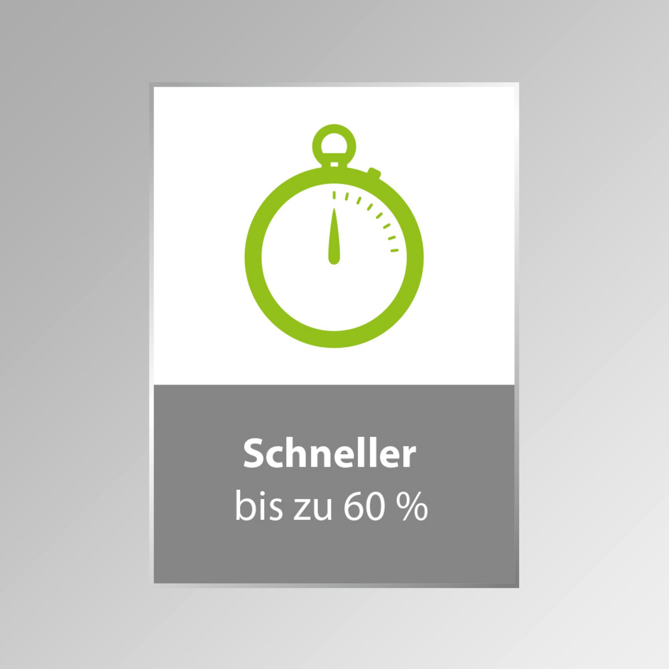 Ein grünes Stoppuhrsymbol auf weiß-grauem Hintergrund. Text: Schneller bis zu 60 %.