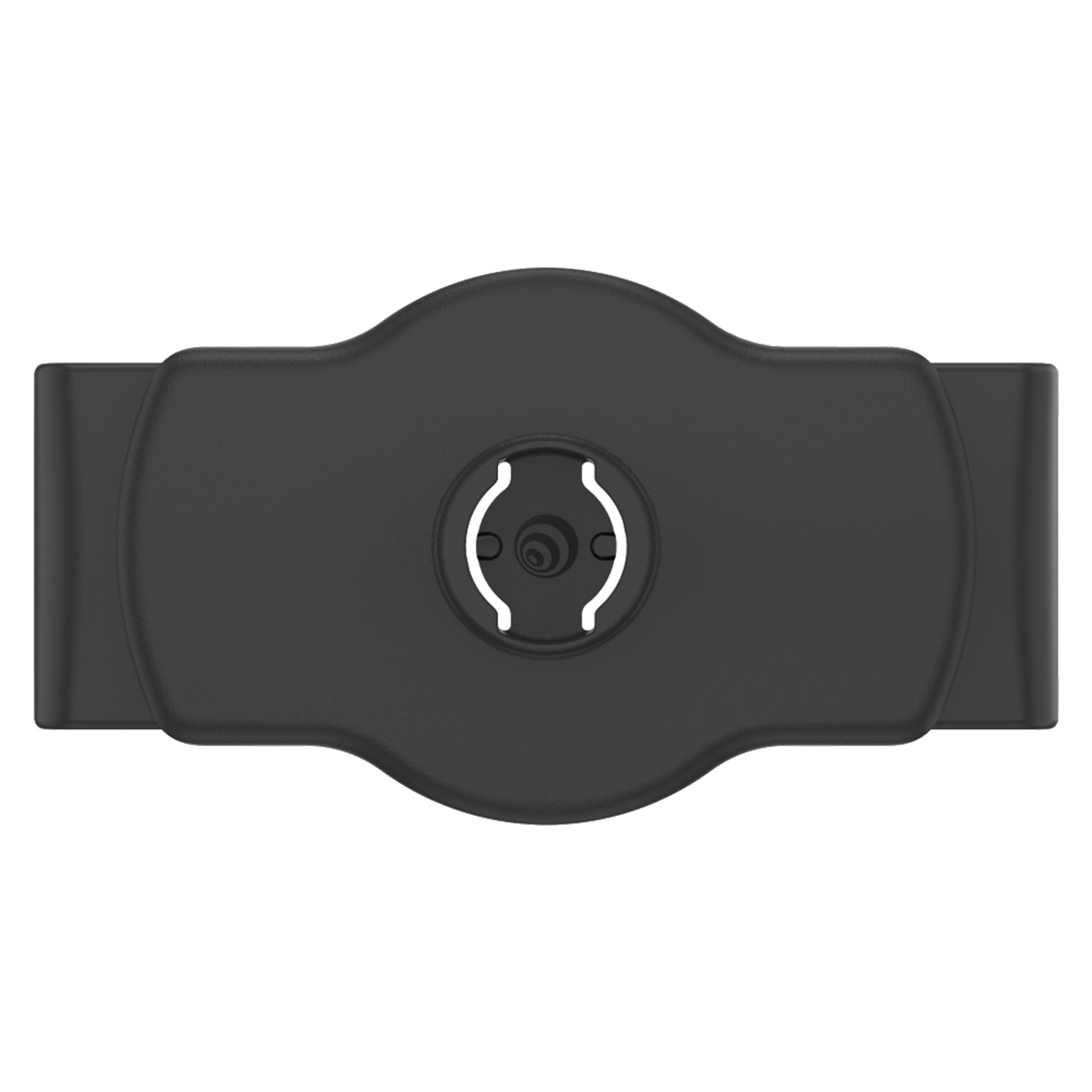 Un dispositivo nero con centro circolare e simbolo bianco. Forma rettangolare con bordi arrotondati.