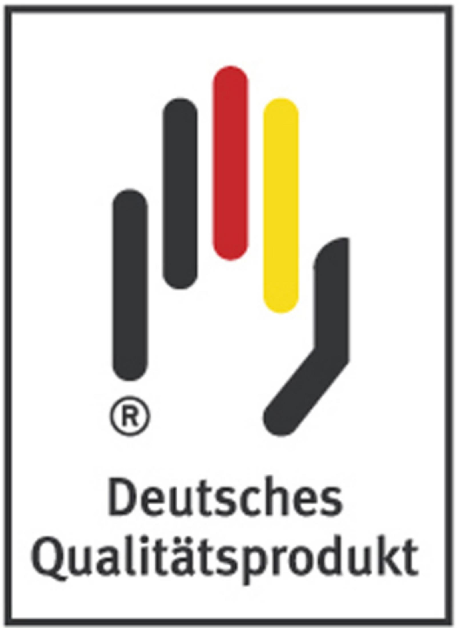 Un logo con mani e il testo: Deutsches Qualitätsprodukt.