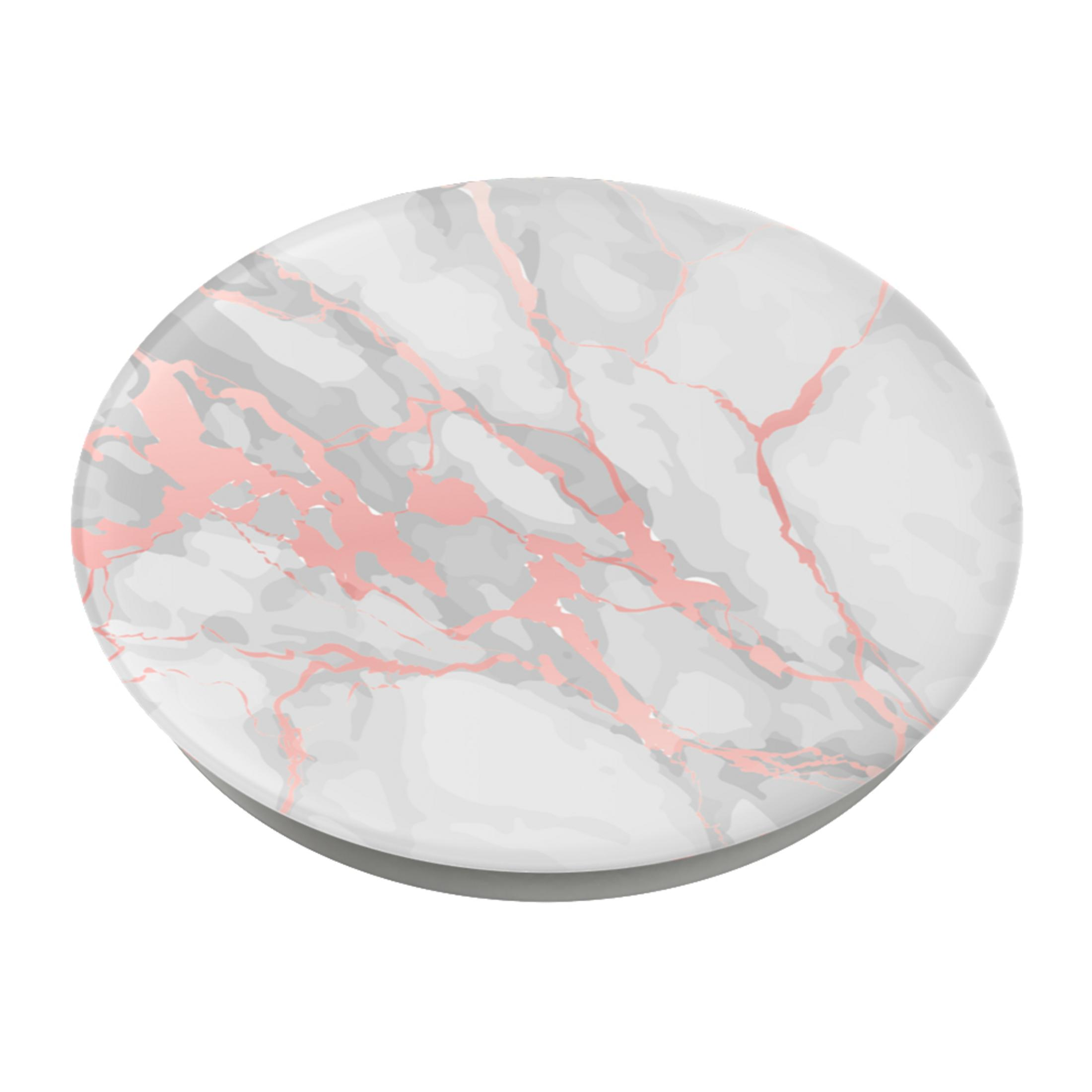 Runder weißer Popsocket mit Marmoreffekt und rosa Adern. Auf weißem Hintergrund.
